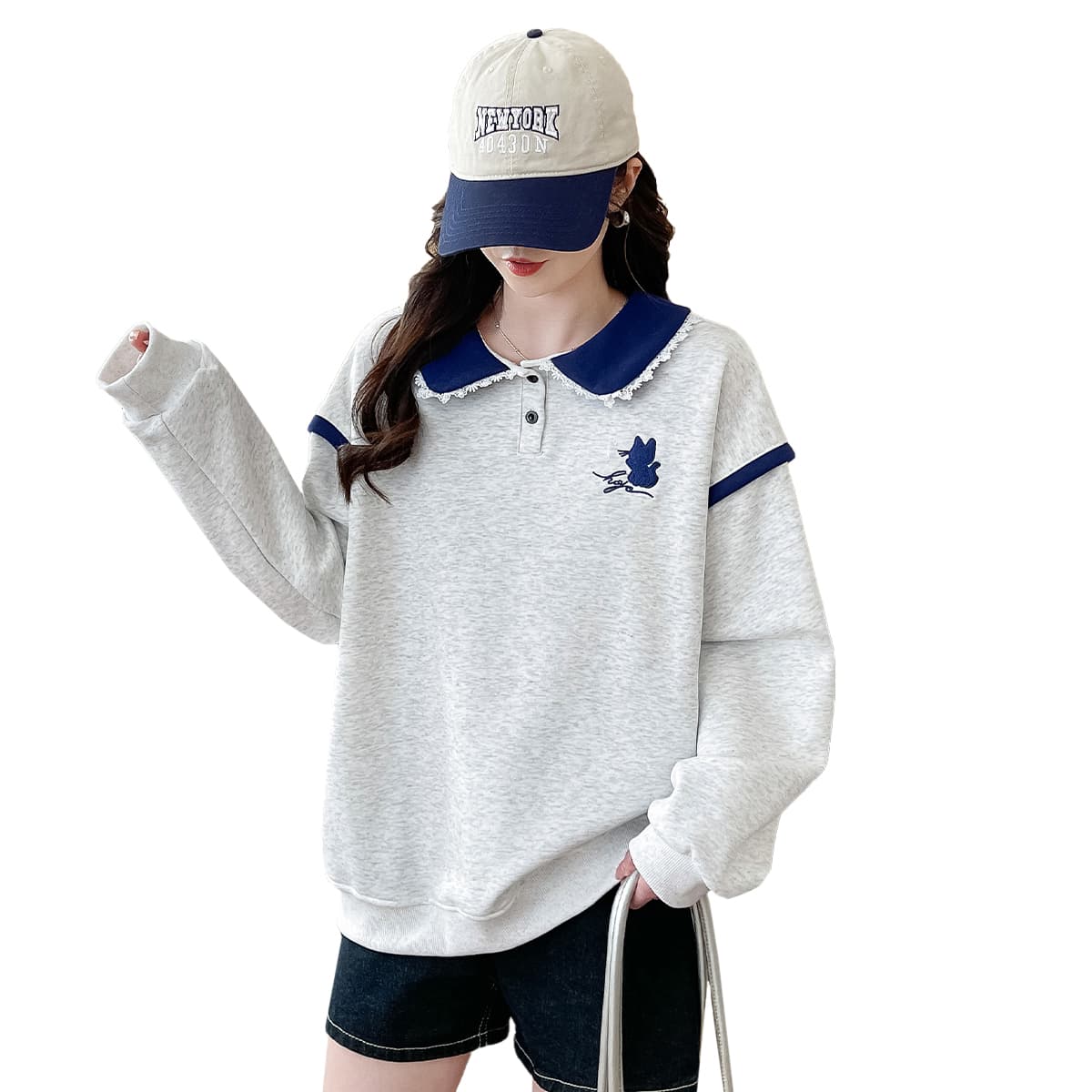 2026 년 가을 겨울철 새로운 학원 스타일 풀오버 자수 고양이 루즈핏 다용도 후드티 이미지 5