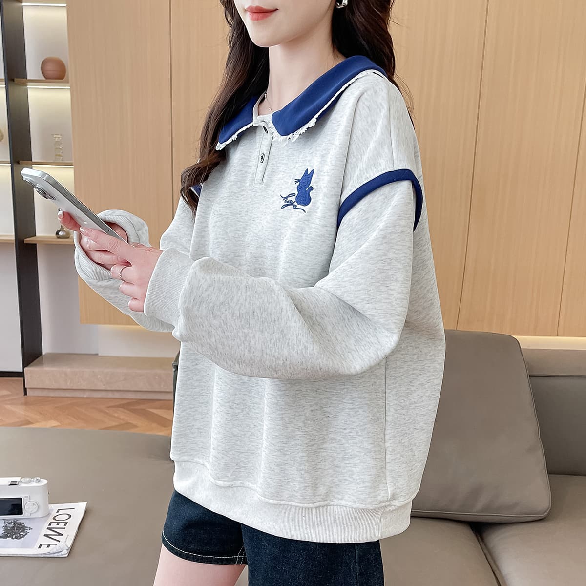 2026 년 가을 겨울철 새로운 학원 스타일 풀오버 자수 고양이 루즈핏 다용도 후드티 상세 이미지 5