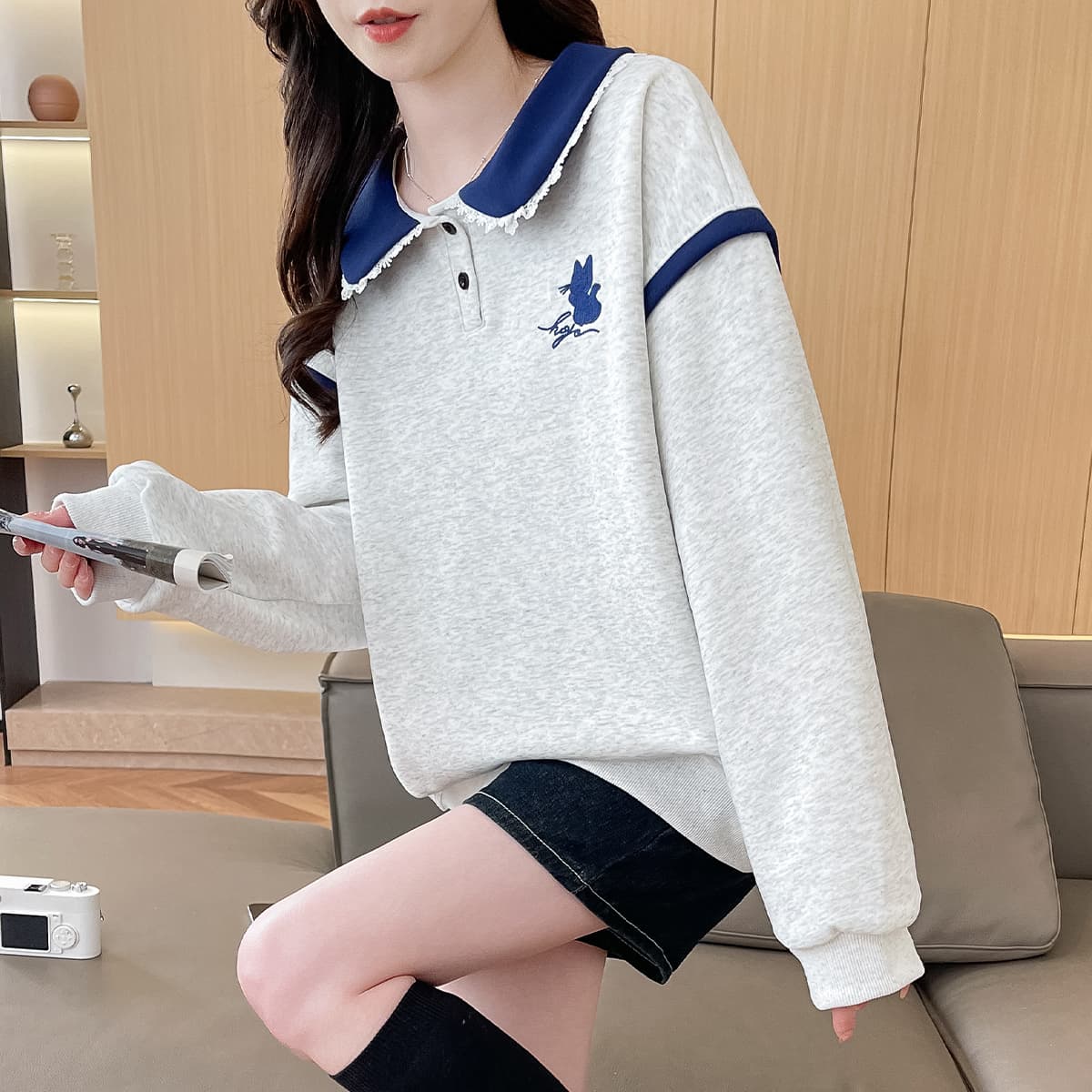 2026 년 가을 겨울철 새로운 학원 스타일 풀오버 자수 고양이 루즈핏 다용도 후드티 상세 이미지 7