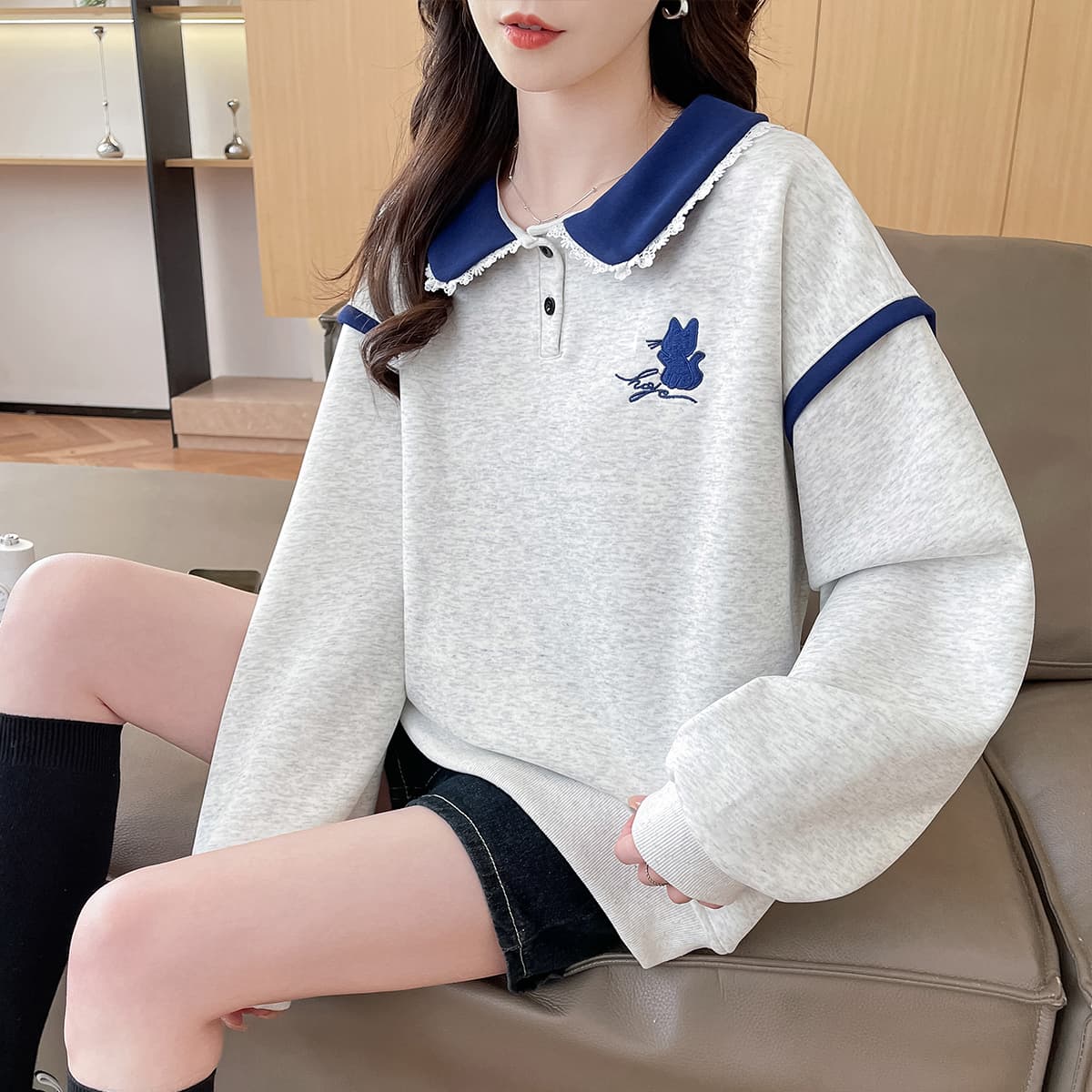 2026 년 가을 겨울철 새로운 학원 스타일 풀오버 자수 고양이 루즈핏 다용도 후드티 상세 이미지 8