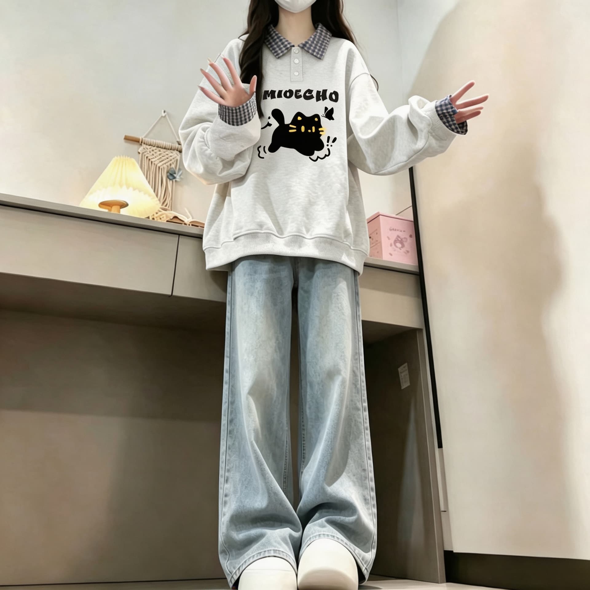 2026 년 가을 겨울철 새로운 학원 스타일 풀오버 체크무늬 셔츠 칼라 320 그램 루즈핏 다용도 후드티