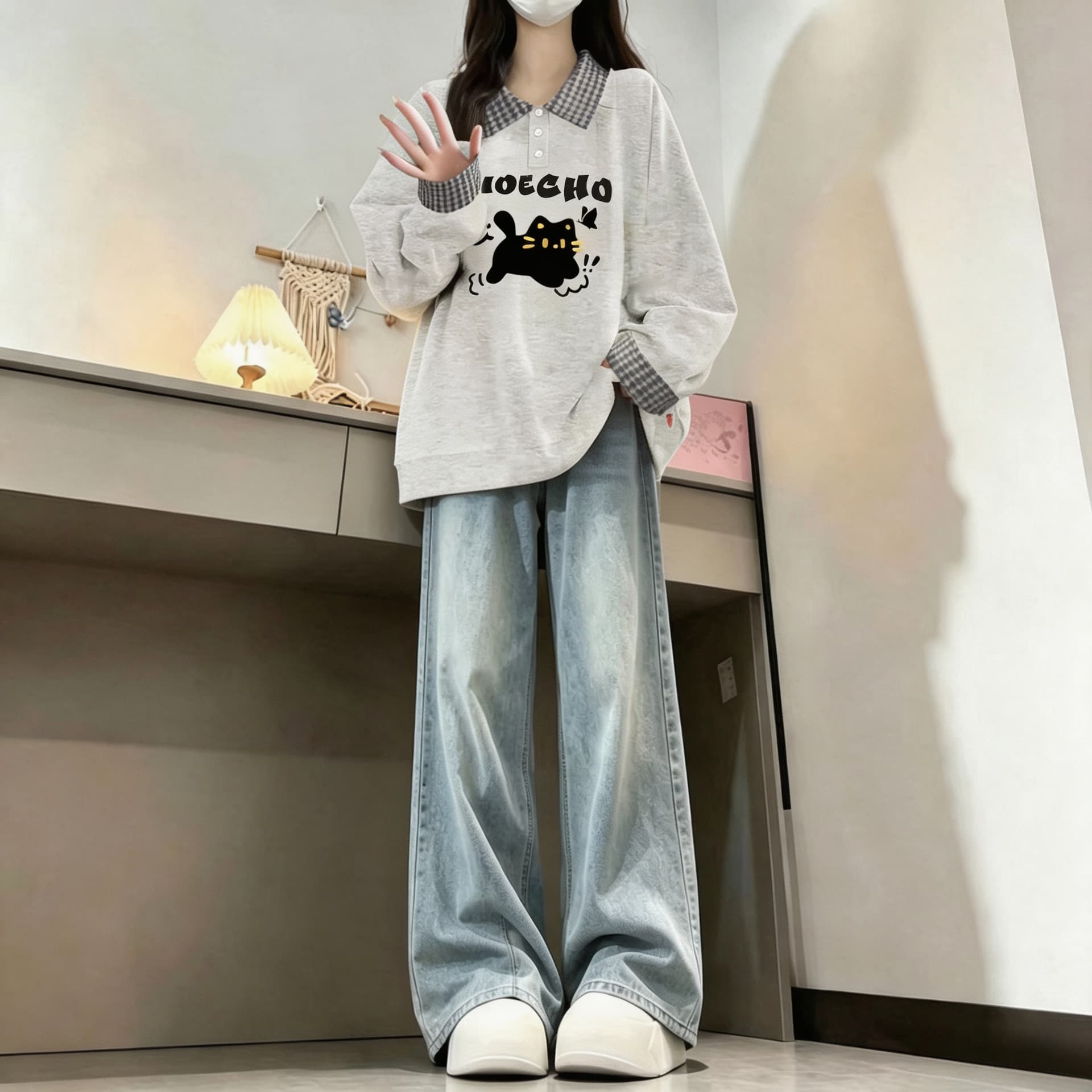 2026 년 가을 겨울철 새로운 학원 스타일 풀오버 체크무늬 셔츠 칼라 320 그램 루즈핏 다용도 후드티 상세 이미지 8