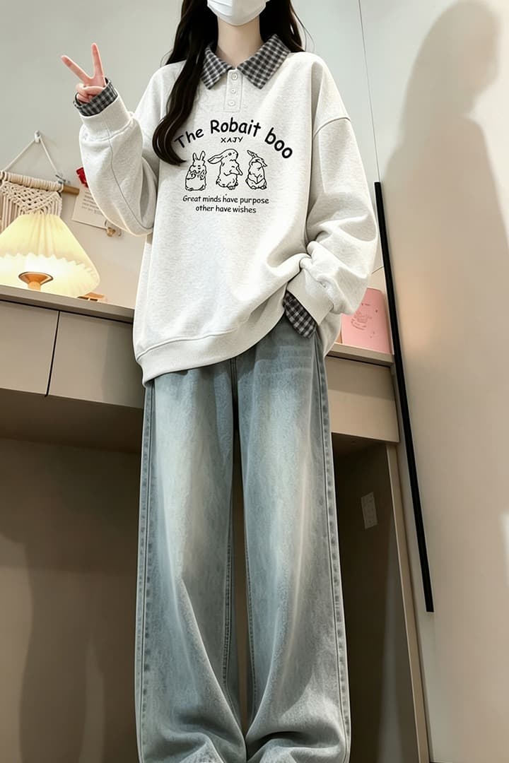 2026 년 가을 겨울철 새로운 학원 스타일 풀오버 체크무늬 셔츠 칼라 320 그램 루즈핏 다용도 후드티 이미지 6