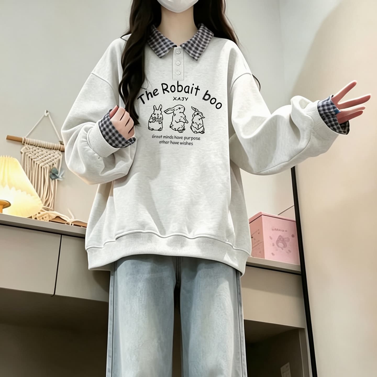 2026 년 가을 겨울철 새로운 학원 스타일 풀오버 체크무늬 셔츠 칼라 320 그램 루즈핏 다용도 후드티 상세 이미지 2