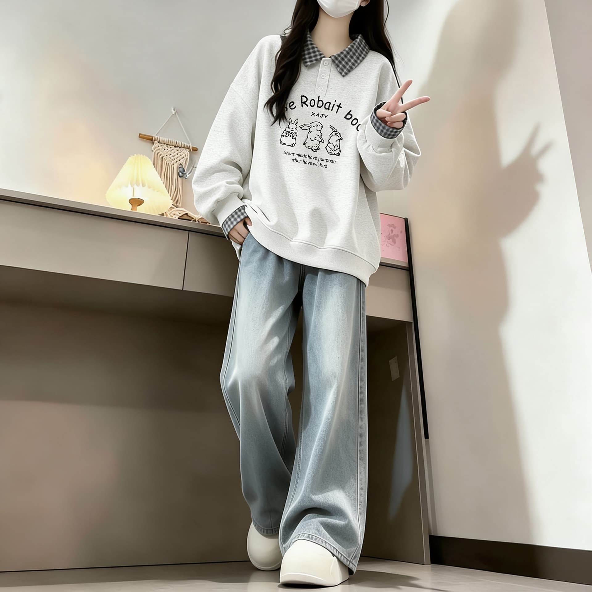 2026 년 가을 겨울철 새로운 학원 스타일 풀오버 체크무늬 셔츠 칼라 320 그램 루즈핏 다용도 후드티 상세 이미지 5