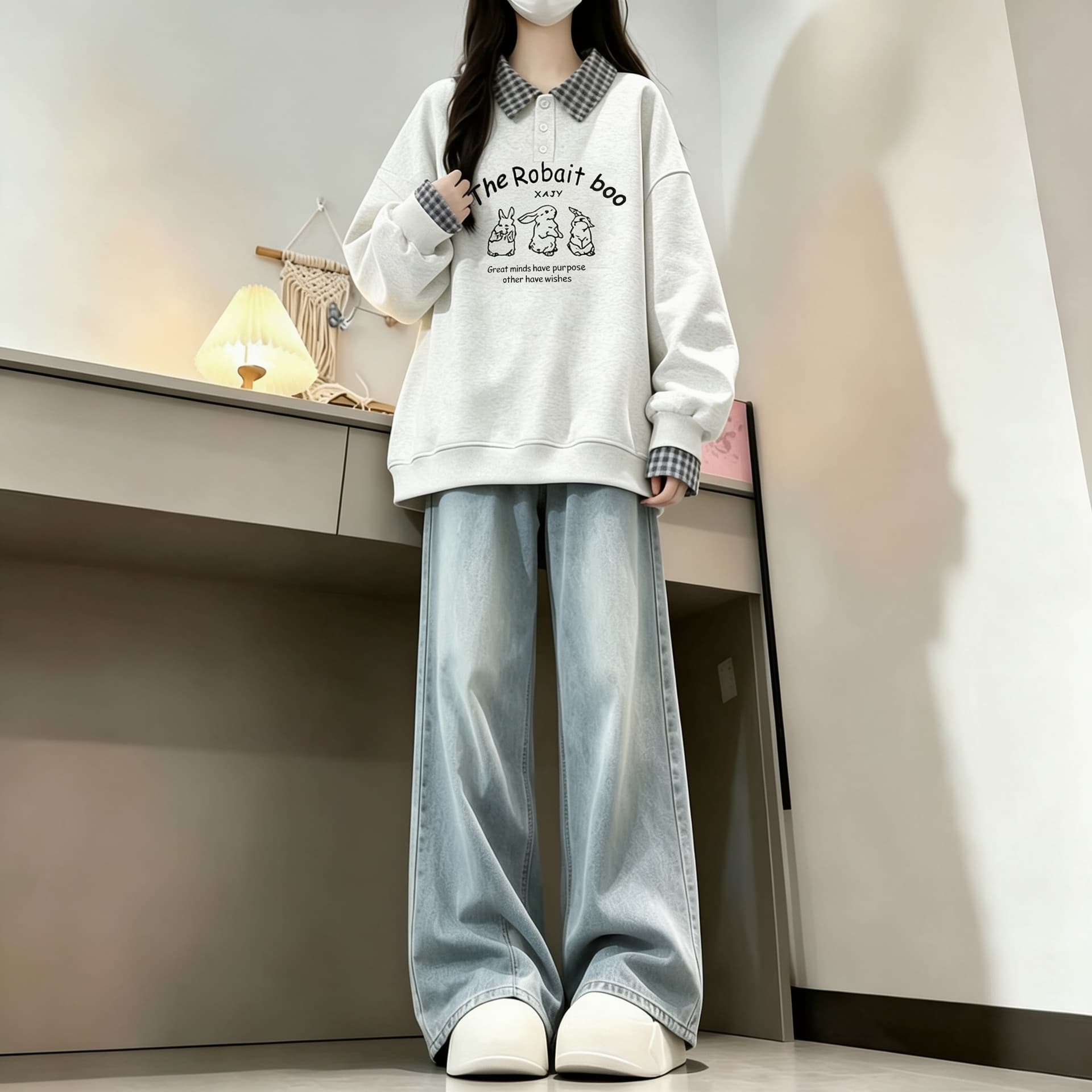 2026 년 가을 겨울철 새로운 학원 스타일 풀오버 체크무늬 셔츠 칼라 320 그램 루즈핏 다용도 후드티 상세 이미지 7