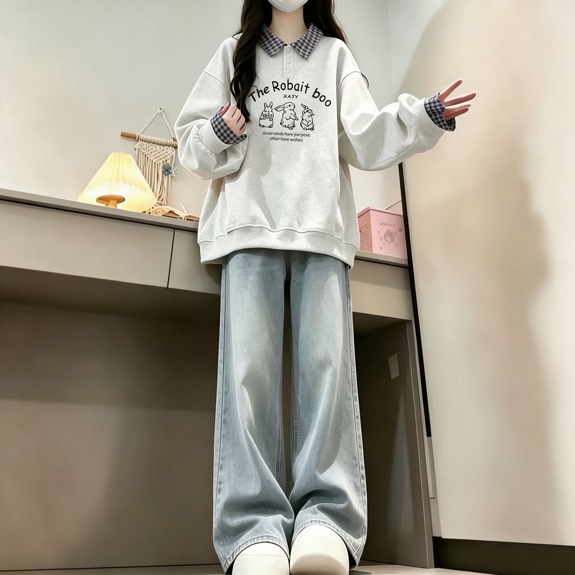 2026 년 가을 겨울철 새로운 학원 스타일 풀오버 체크무늬 셔츠 칼라 320 그램 루즈핏 다용도 후드티 상세 이미지 8