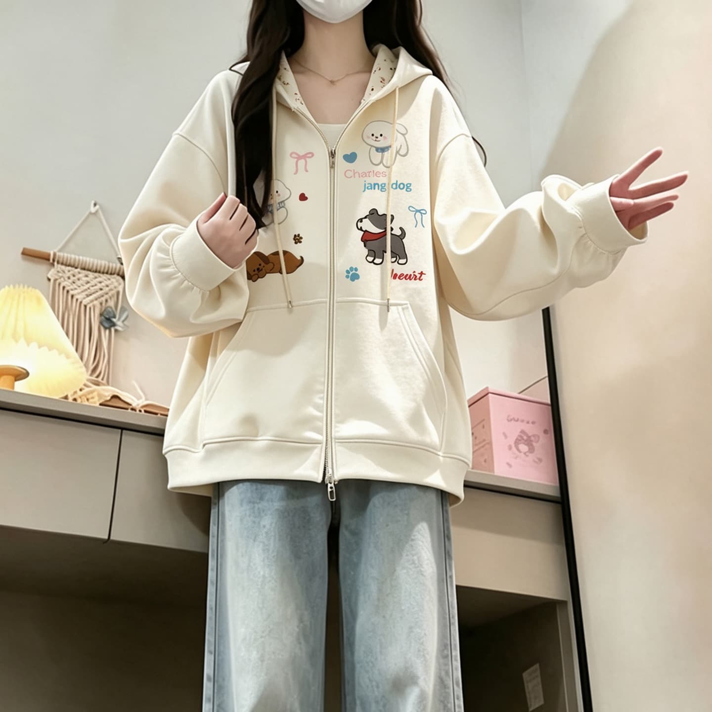 2026 년 가을 겨울철 새로운 학원 스타일 오픈 가디건 지퍼 루즈핏 프린트 후드 다용도 후드티 있음 안감 이미지 2