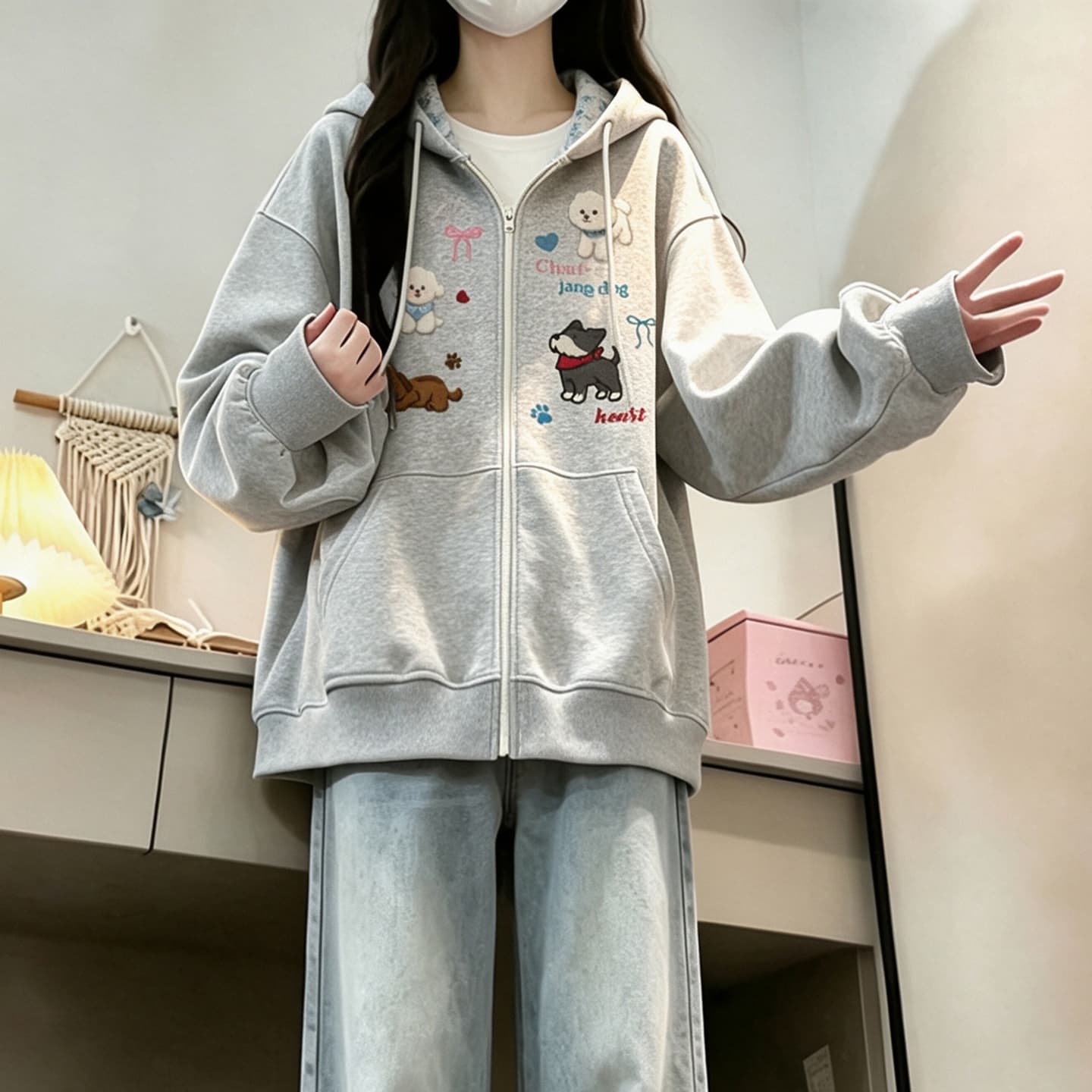 2026 년 가을 겨울철 새로운 학원 스타일 오픈 가디건 지퍼 루즈핏 프린트 후드 다용도 후드티 있음 안감 이미지 4
