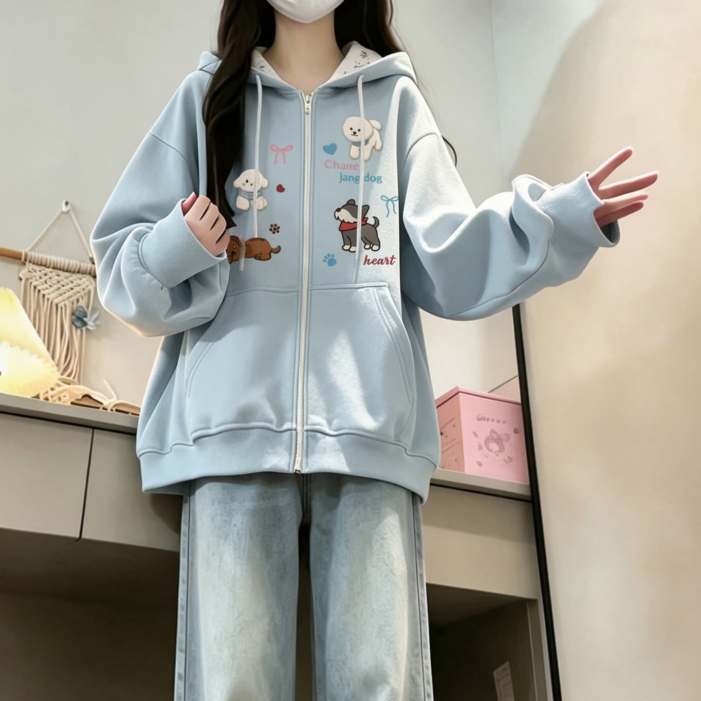 2026 년 가을 겨울철 새로운 학원 스타일 오픈 가디건 지퍼 루즈핏 프린트 후드 다용도 후드티 있음 안감 상세 이미지 3