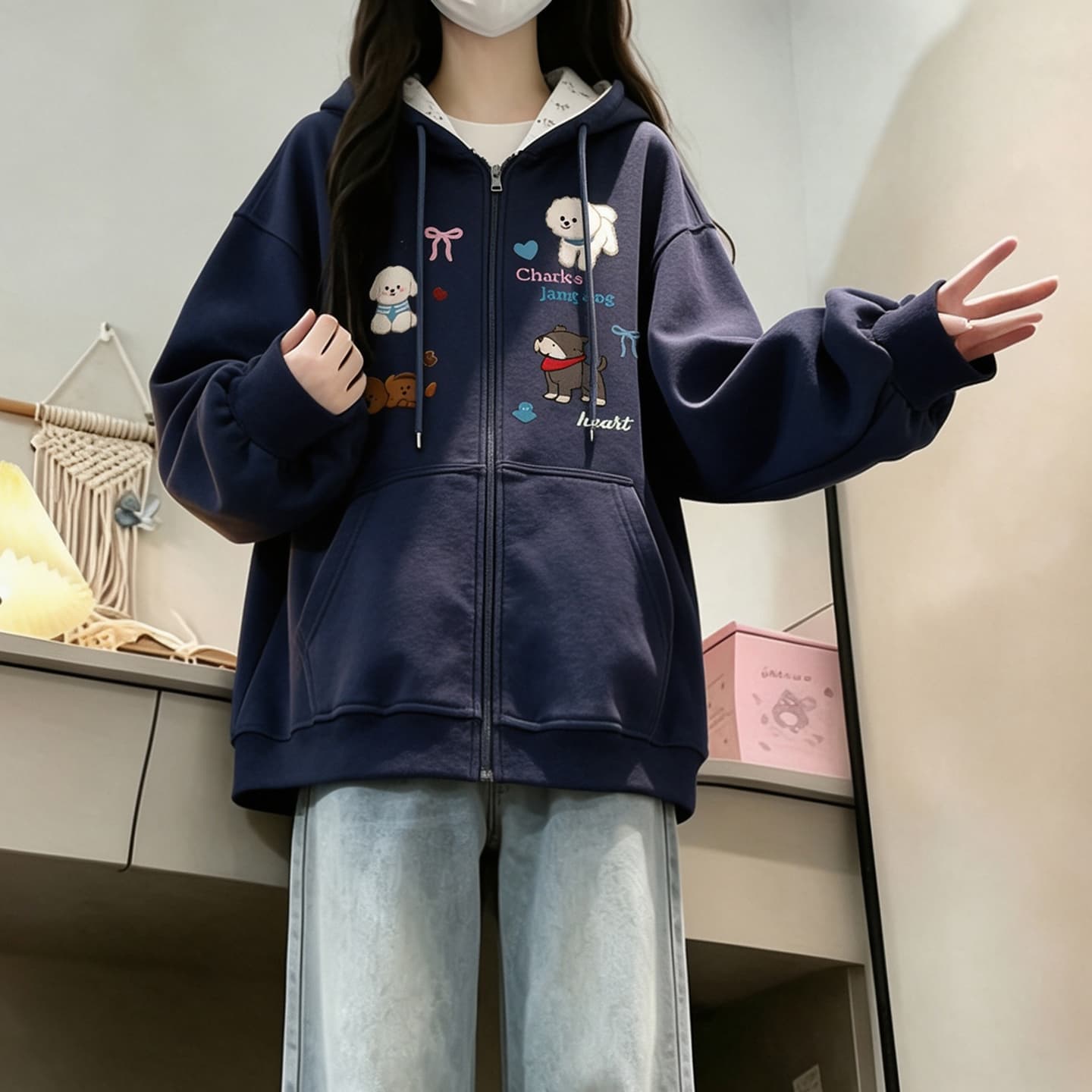 2026 년 가을 겨울철 새로운 학원 스타일 오픈 가디건 지퍼 루즈핏 프린트 후드 다용도 후드티 있음 안감 상세 이미지 9