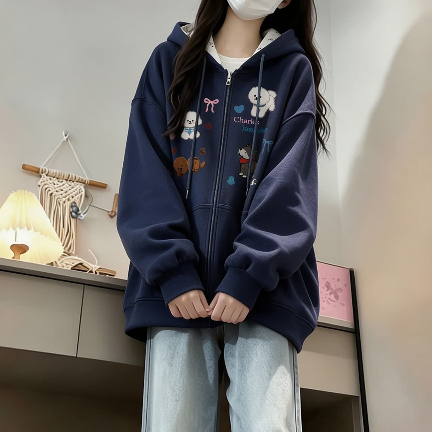 2026 년 가을 겨울철 새로운 학원 스타일 오픈 가디건 지퍼 루즈핏 프린트 후드 다용도 후드티 있음 안감 상세 이미지 10