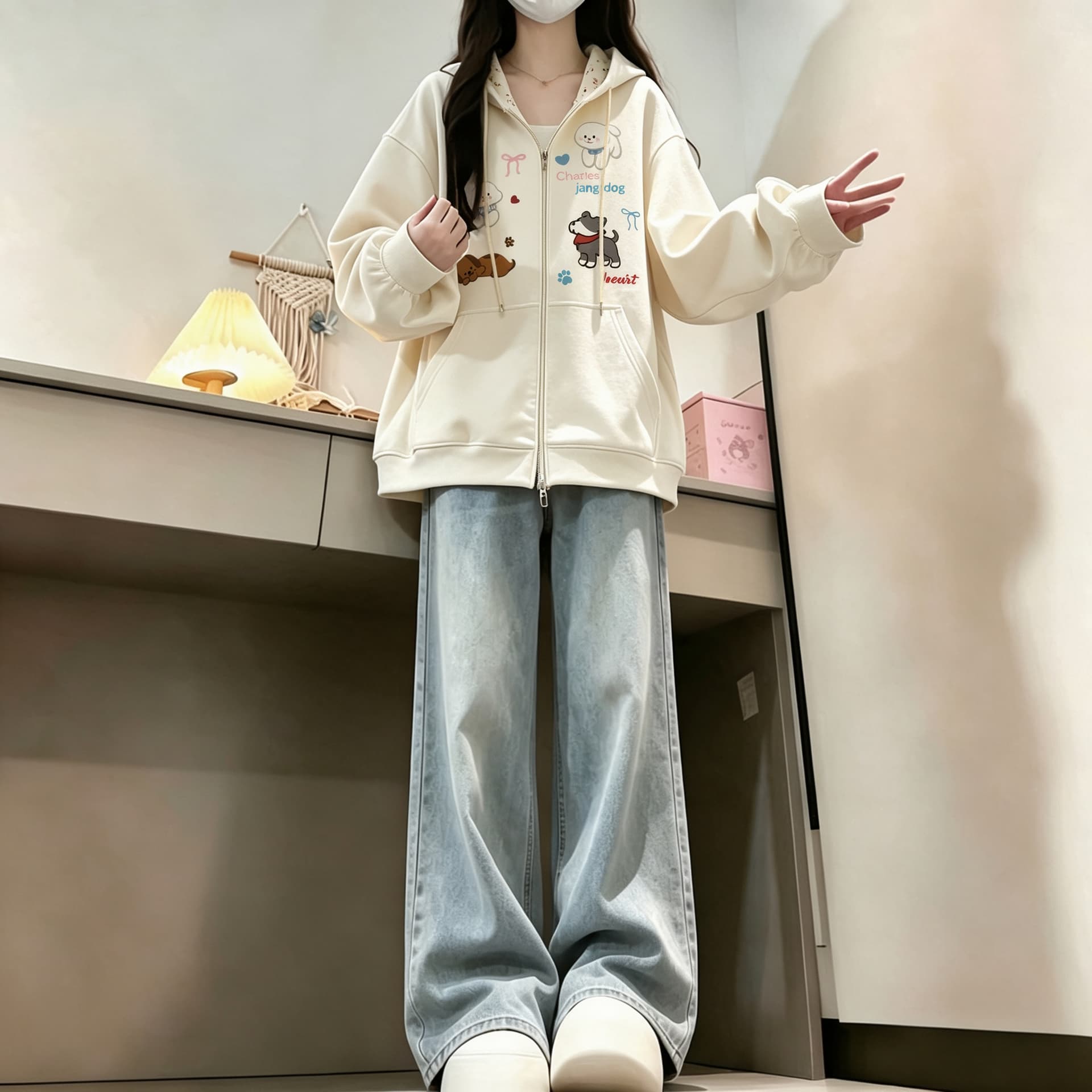 2026 년 가을 겨울철 새로운 학원 스타일 오픈 가디건 지퍼 루즈핏 프린트 후드 다용도 후드티 있음 안감 상세 이미지 21
