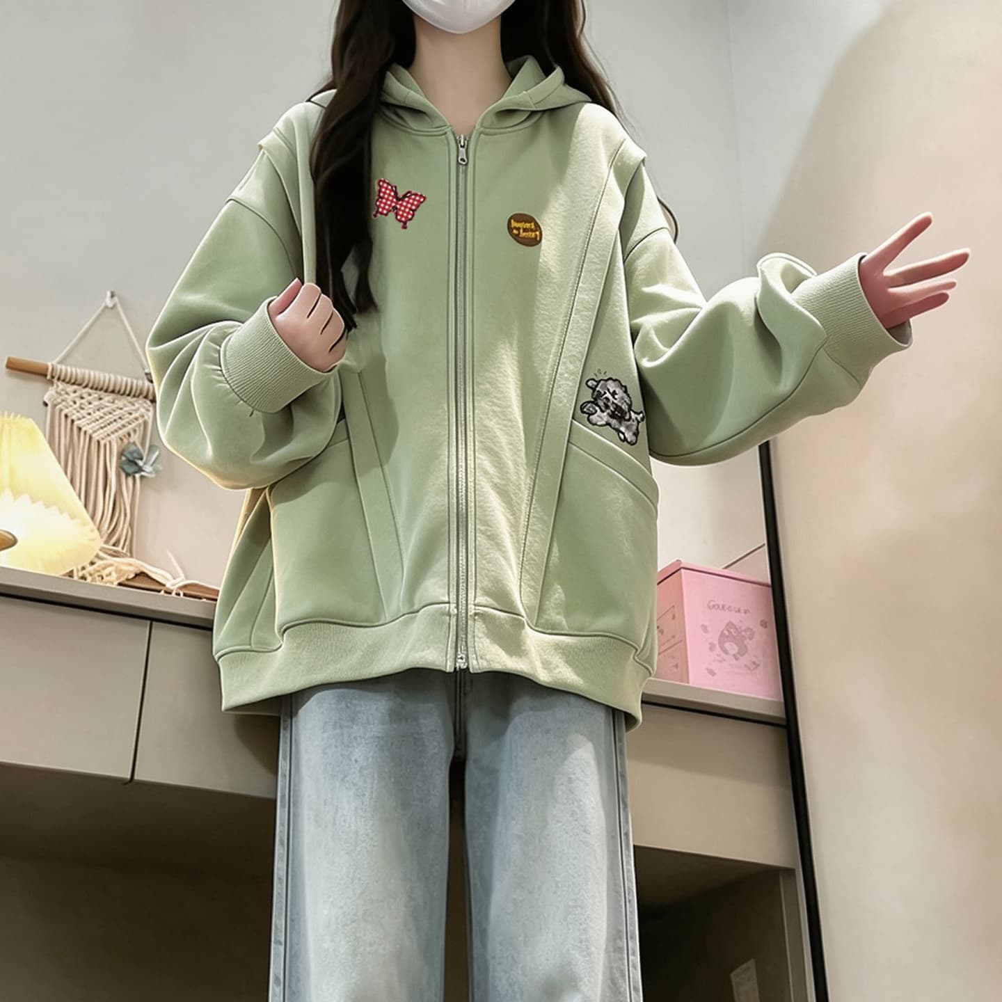 2026 년 가을 겨울철 새로운 학원 스타일 오픈 가디건 지퍼 루즈핏 프린트 후드 있음 안감 다용도 후드티 상세 이미지 3