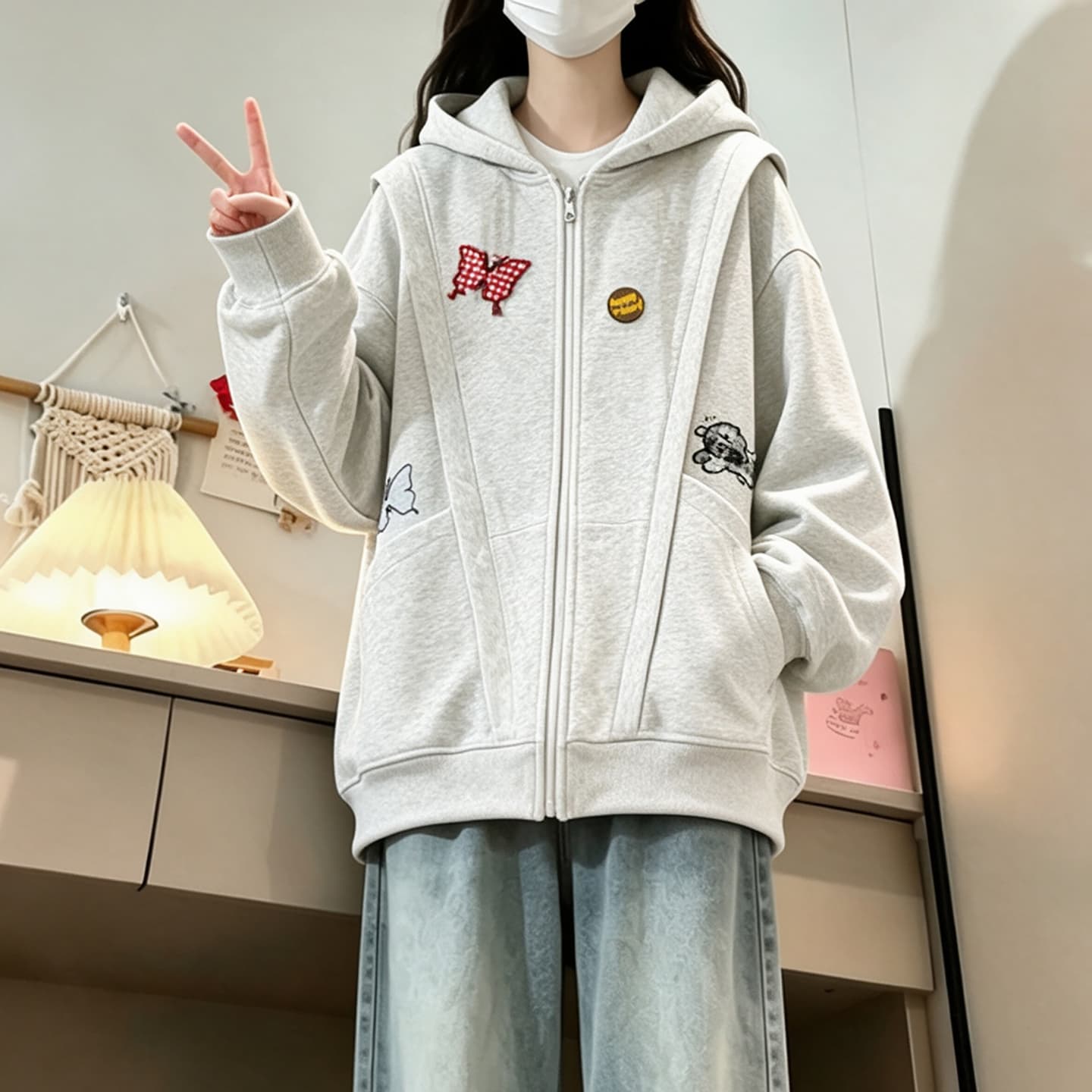 2026 년 가을 겨울철 새로운 학원 스타일 오픈 가디건 지퍼 루즈핏 프린트 후드 있음 안감 다용도 후드티 상세 이미지 7