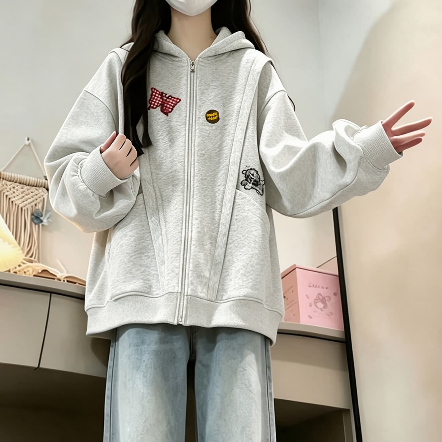 2026 년 가을 겨울철 새로운 학원 스타일 오픈 가디건 지퍼 루즈핏 프린트 후드 있음 안감 다용도 후드티