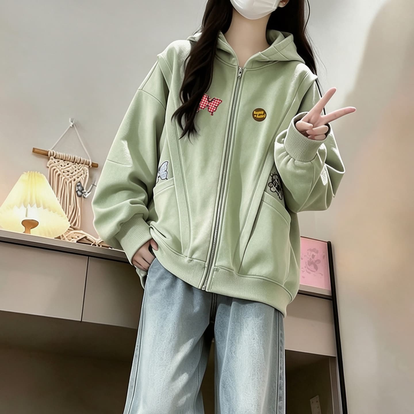 2026 년 가을 겨울철 새로운 학원 스타일 오픈 가디건 지퍼 루즈핏 프린트 후드 있음 안감 다용도 후드티 이미지 4