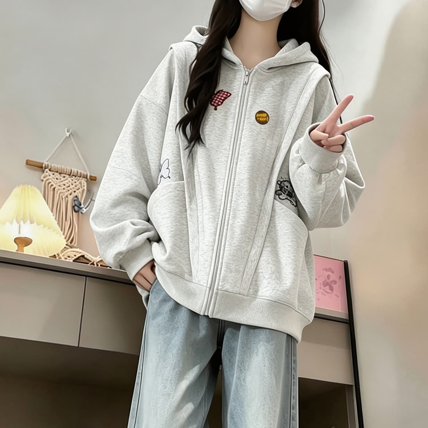 2026 년 가을 겨울철 새로운 학원 스타일 오픈 가디건 지퍼 루즈핏 프린트 후드 있음 안감 다용도 후드티 상세 이미지 5