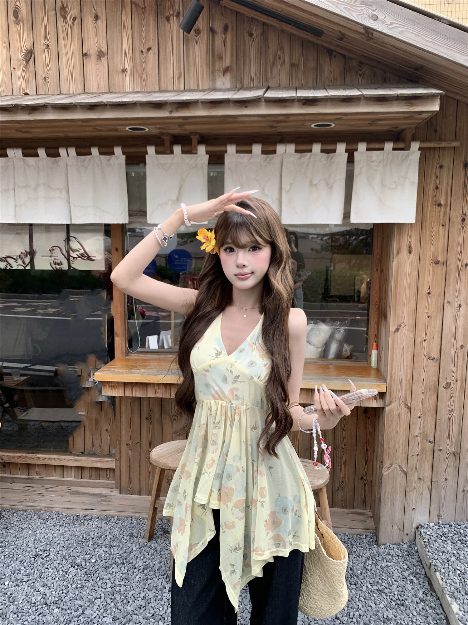 실사 정가 휴가 바람이 아닙니다. 규칙 프랑스식 V넥 행침 목 캐미솔 이른 봄 민소매 맨위 상세 이미지 6