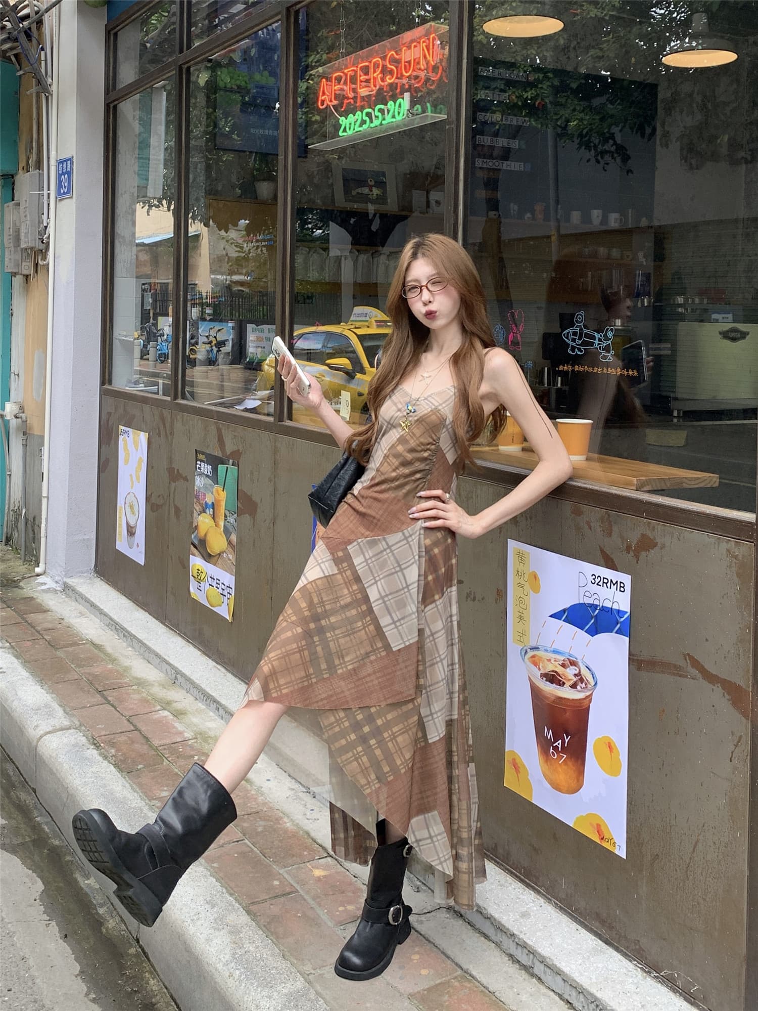 실사 정가 레트로 체크무늬 여성 드레스 여름 새로운 불규칙 허리 수축 슬림해 보이는 슬립 길다 치마 이미지 2