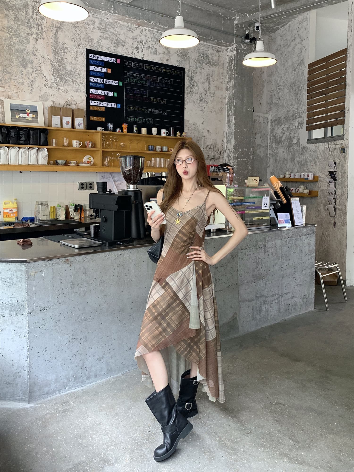 실사 정가 레트로 체크무늬 여성 드레스 여름 새로운 불규칙 허리 수축 슬림해 보이는 슬립 길다 치마 상세 이미지 11