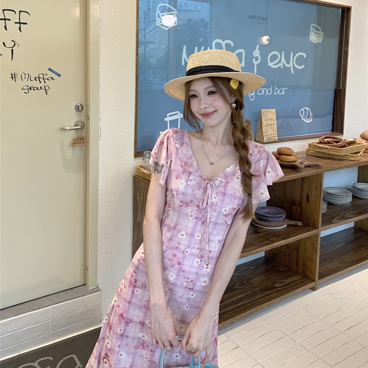 실사 정가 핑크색 꽃무늬 반팔 드레스 봄 여름 새로운 품격 연꽃 잎 측면 길이 치마 이미지 5