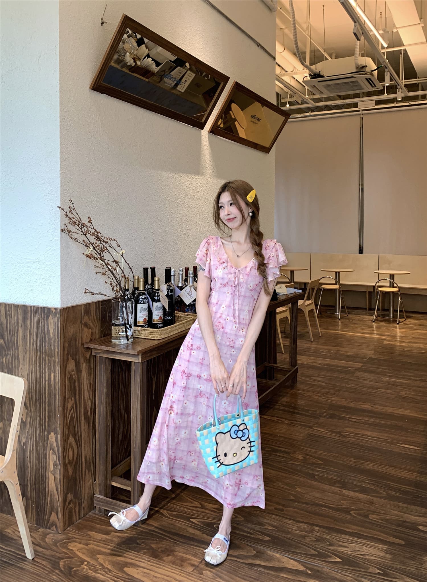 실사 정가 핑크색 꽃무늬 반팔 드레스 봄 여름 새로운 품격 연꽃 잎 측면 길이 치마 상세 이미지 4