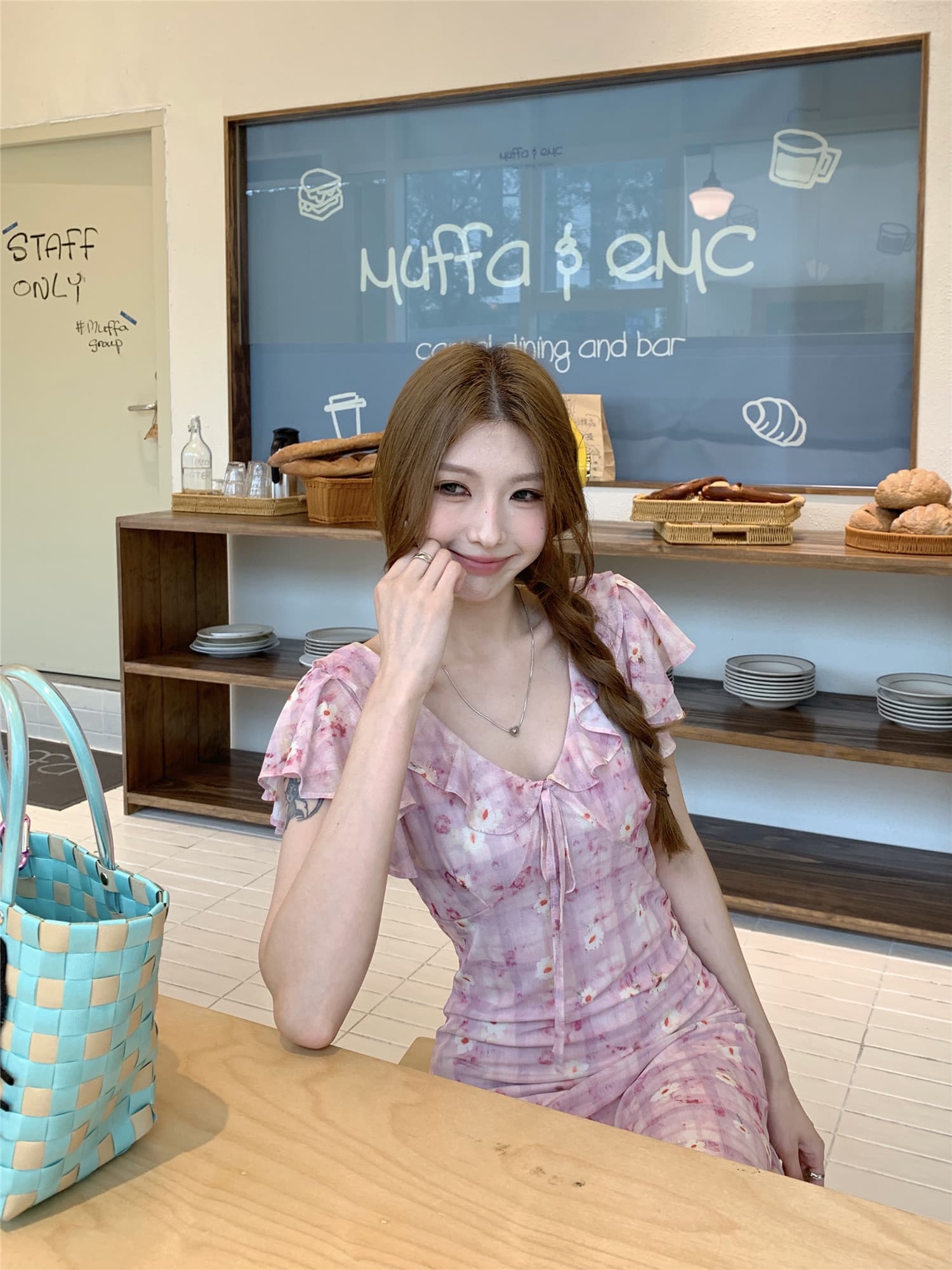 실사 정가 핑크색 꽃무늬 반팔 드레스 봄 여름 새로운 품격 연꽃 잎 측면 길이 치마 상세 이미지 12