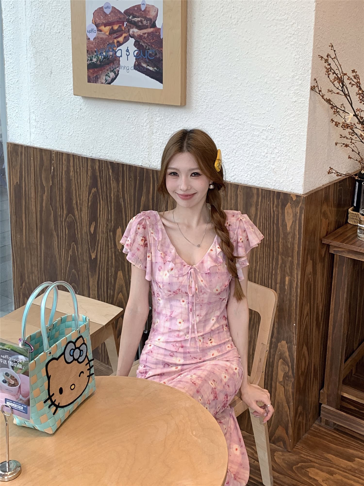 실사 정가 핑크색 꽃무늬 반팔 드레스 봄 여름 새로운 품격 연꽃 잎 측면 길이 치마 상세 이미지 13