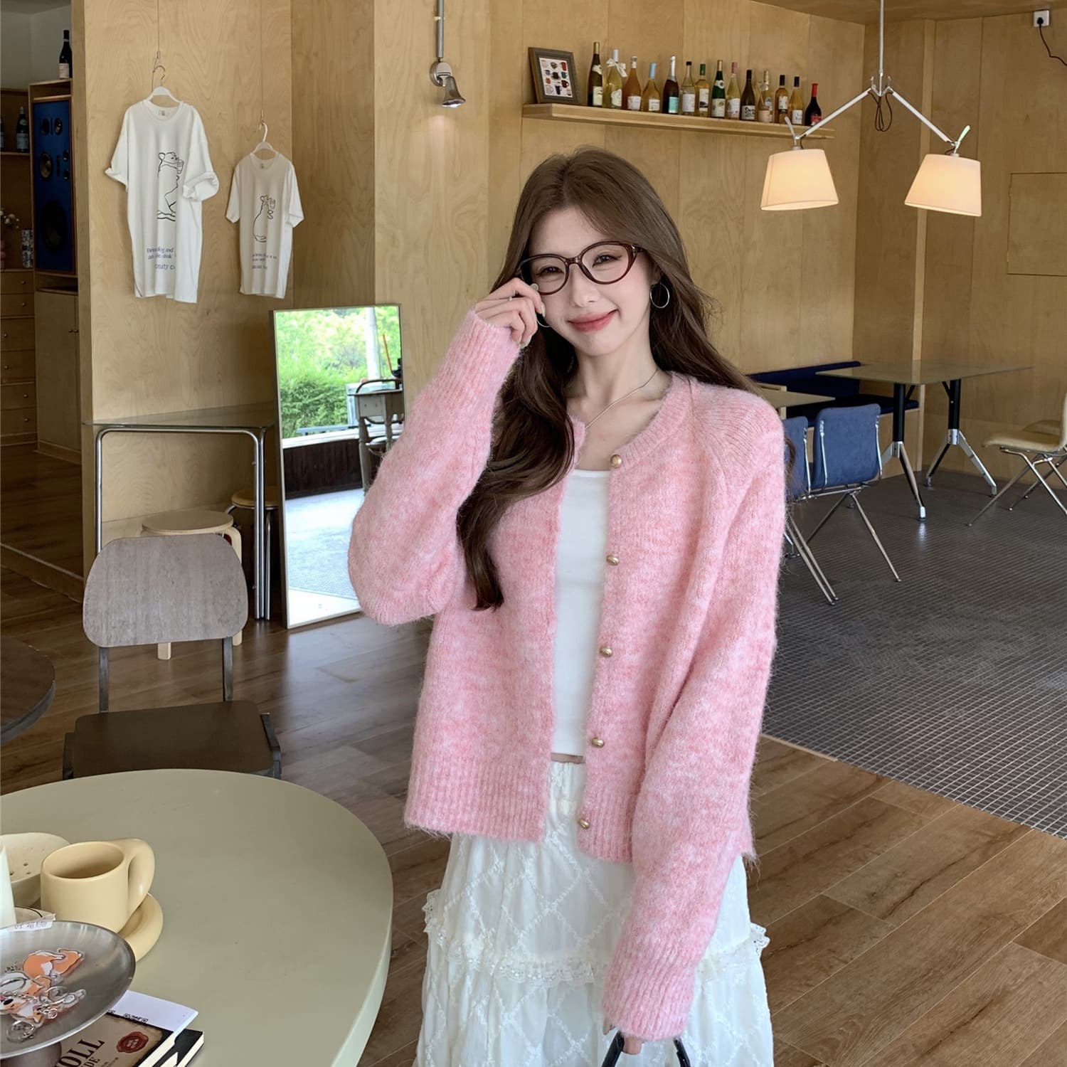 실사 정가 한 부서 외출용 외국 가스 이른 가을 스웨터 루즈핏 느긋한 라운드 넥 니트 오픈 가디건 이미지 5