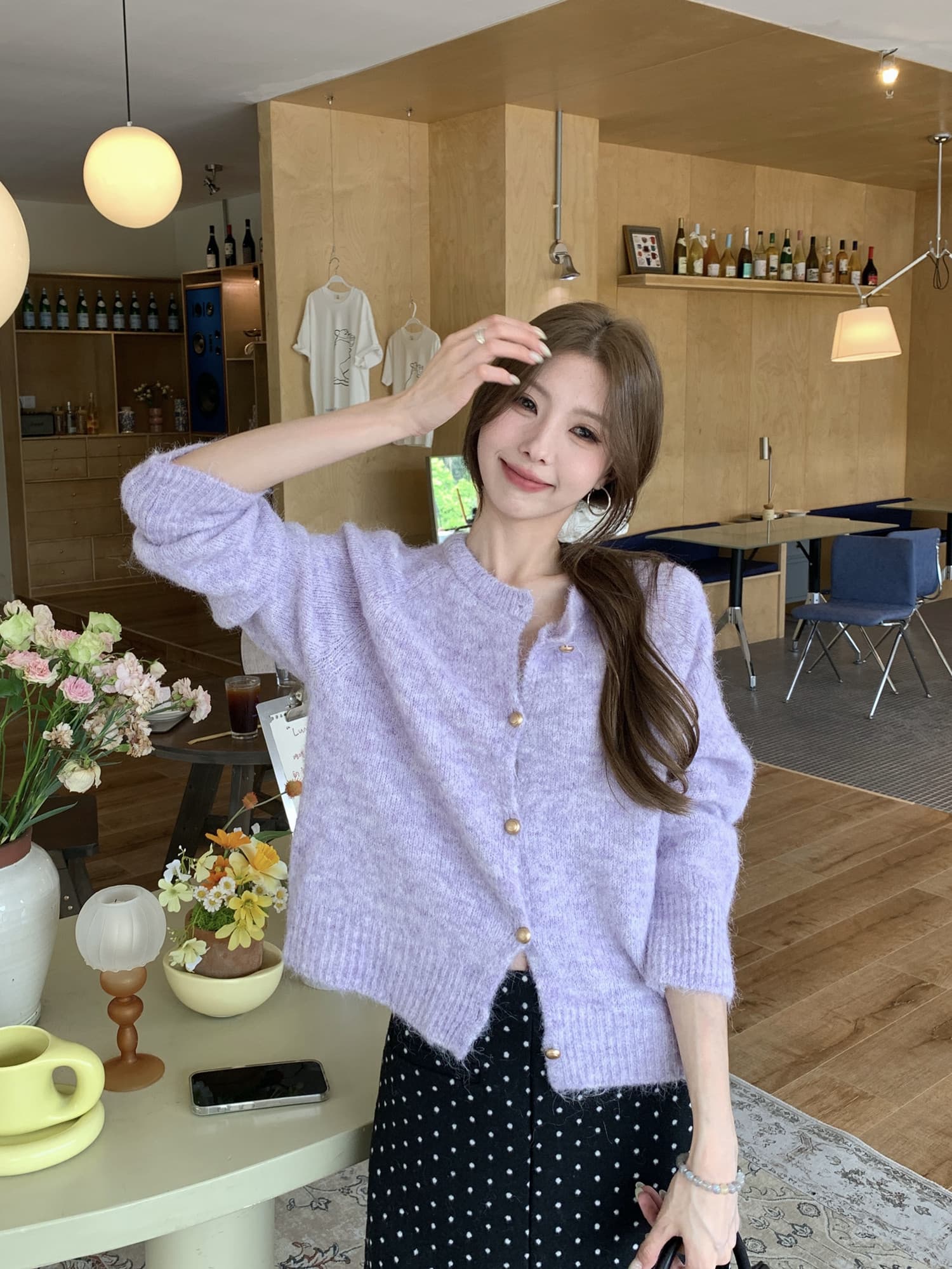 실사 정가 한 부서 외출용 외국 가스 이른 가을 스웨터 루즈핏 느긋한 라운드 넥 니트 오픈 가디건 이미지 2
