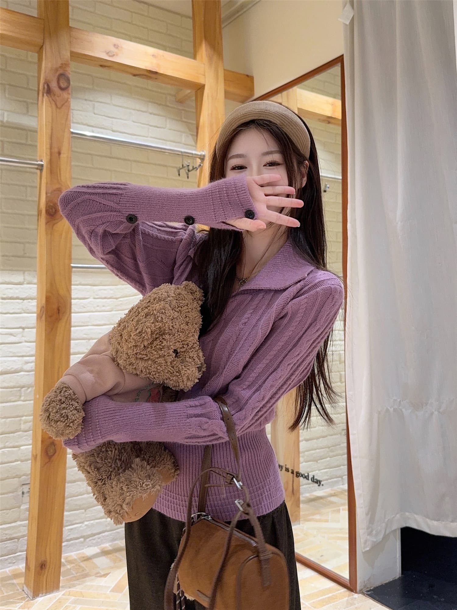 실사 정가 프랑스식 폴로 칼라 풀오버 꽈배기 스웨터 여자 가을 느긋한 바람 긴팔 니트 스웨터 맨위 상세 이미지 10