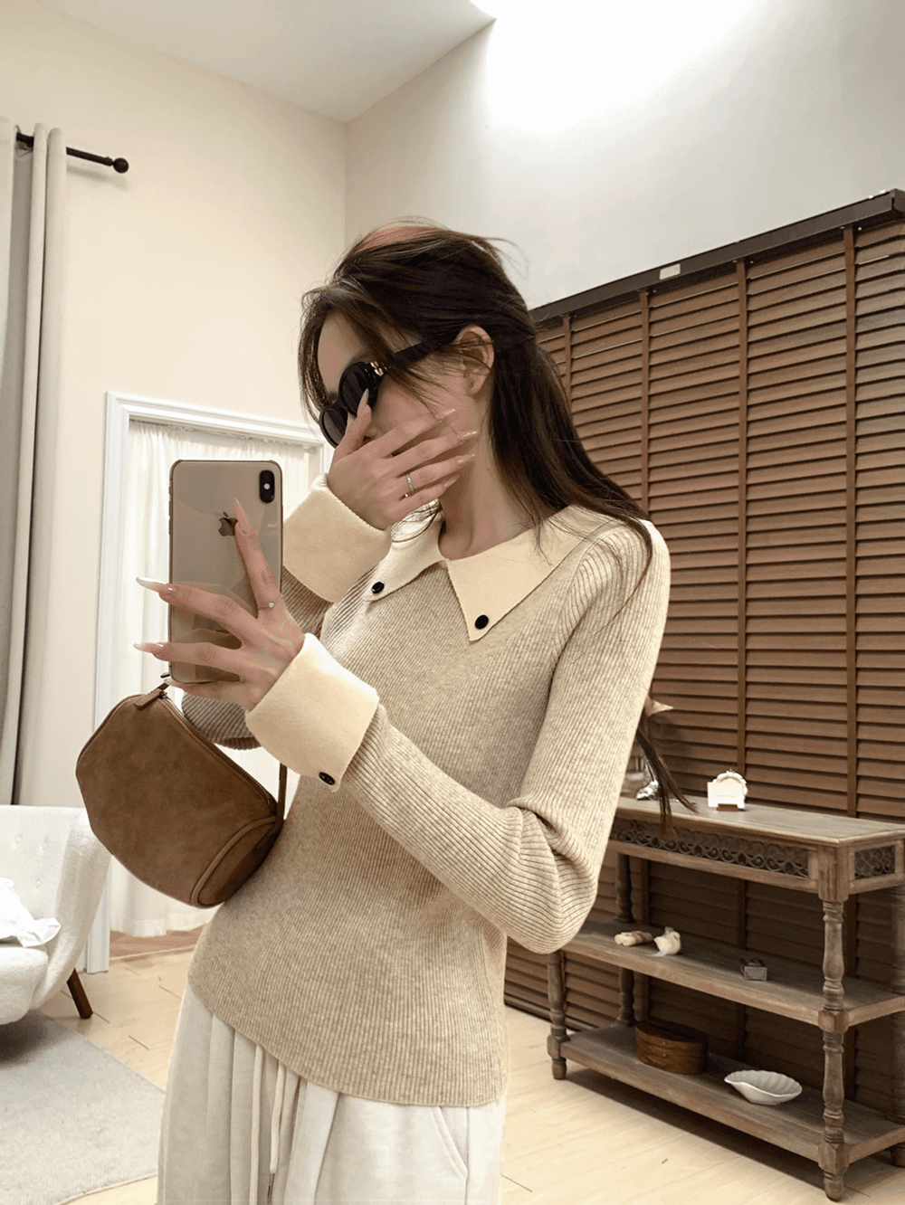 실사 정가 POLO 칼라 패치워크 배색 긴팔 니트 스웨터 여성 이른 가을 인사이드 가져 가라. 기본 셔츠 몸매 가꾸기 맨위 이미지 4