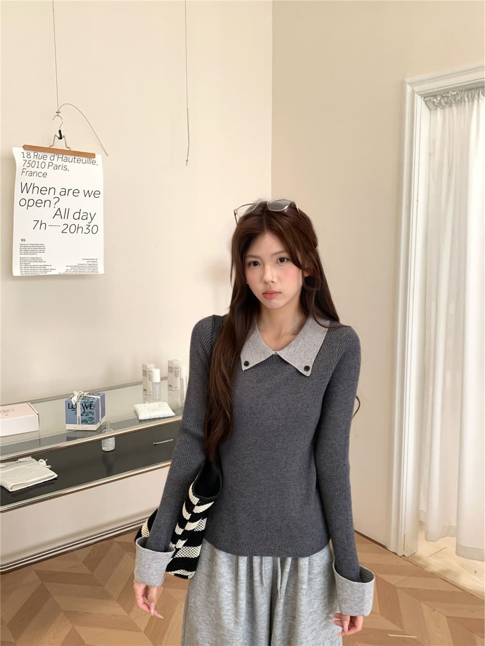 실사 정가 POLO 칼라 패치워크 배색 긴팔 니트 스웨터 여성 이른 가을 인사이드 가져 가라. 기본 셔츠 몸매 가꾸기 맨위 상세 이미지 25