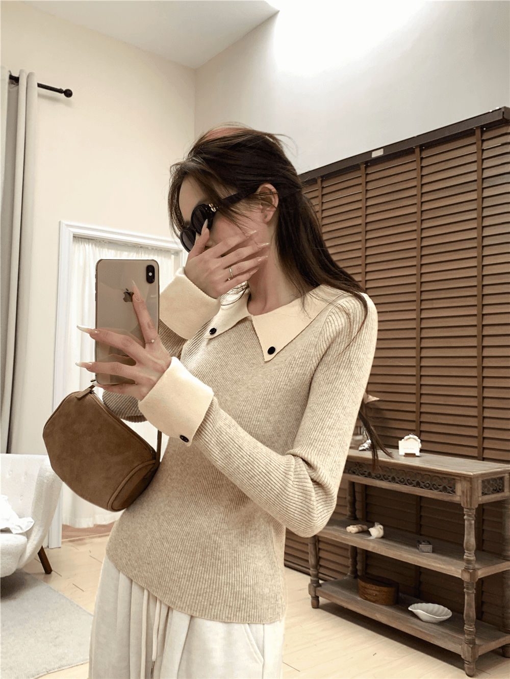 실사 정가 POLO 칼라 패치워크 배색 긴팔 니트 스웨터 여성 이른 가을 인사이드 가져 가라. 기본 셔츠 몸매 가꾸기 맨위 상세 이미지 30