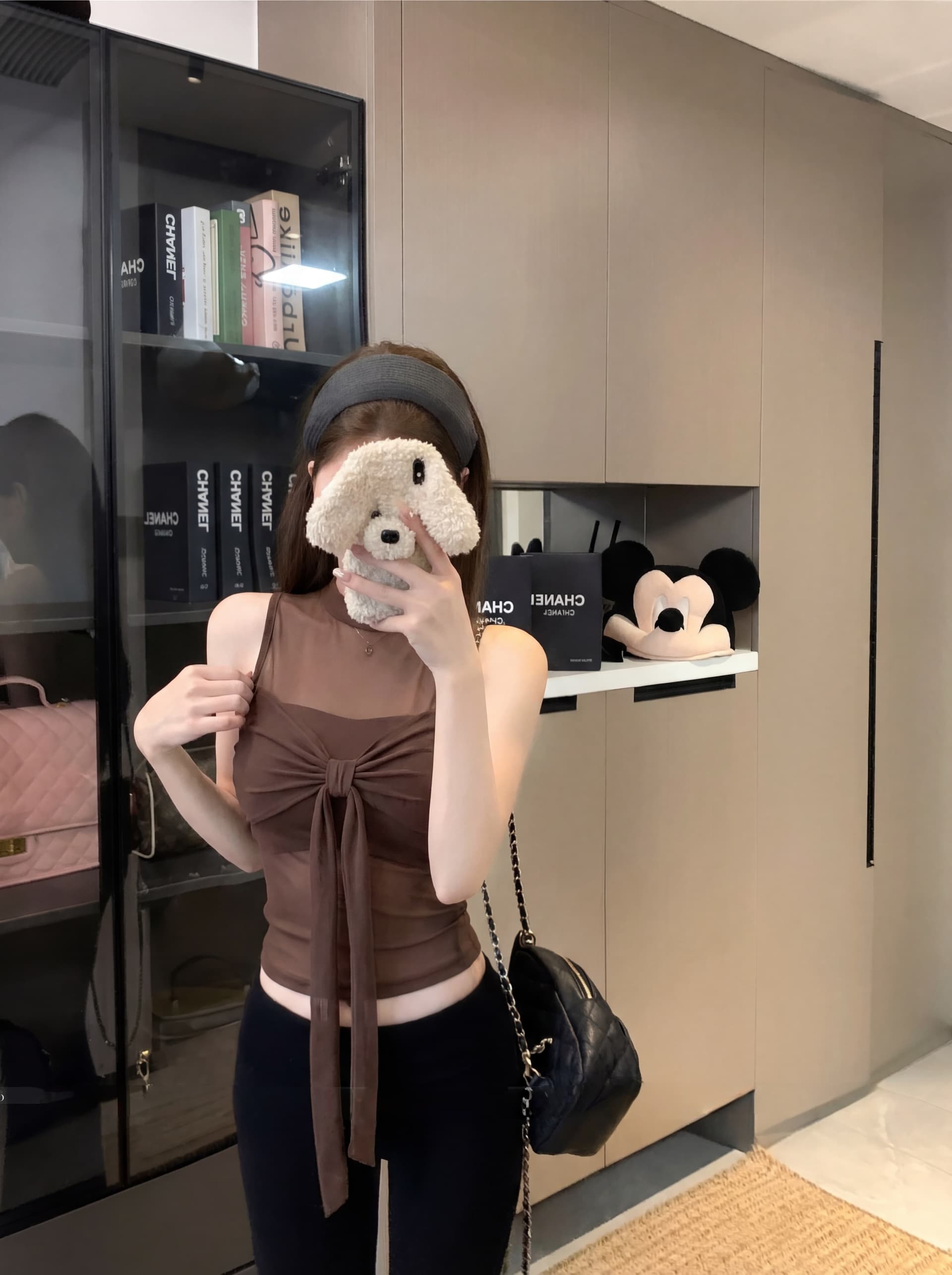 실사 정가 핫걸 망사 패치워크 라운드 넥 민소매 조끼 슬림해 보이는 벨트 가슴 패드 의류 이미지 3