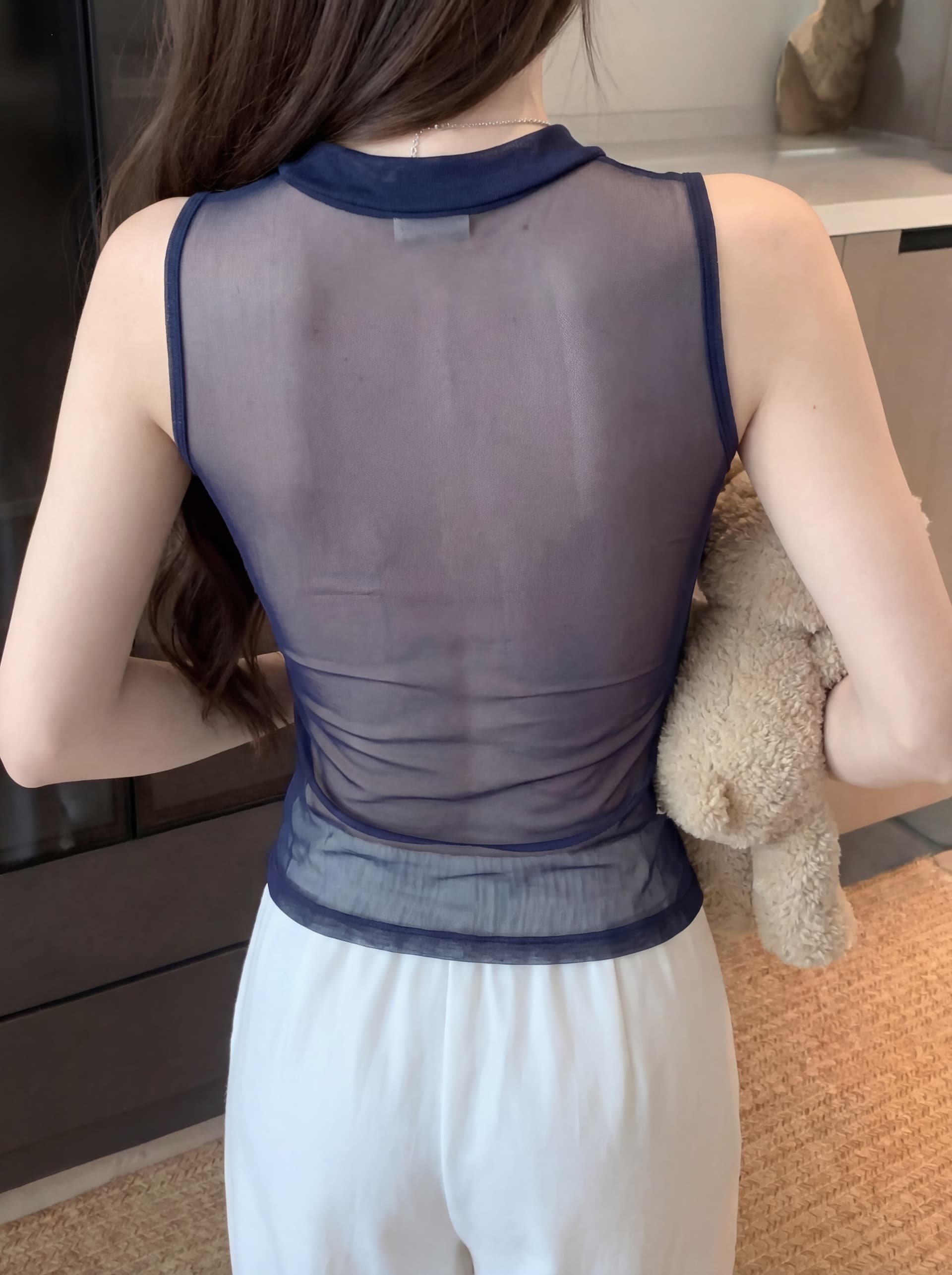 실사 정가 핫걸 망사 패치워크 라운드 넥 민소매 조끼 슬림해 보이는 벨트 가슴 패드 의류 상세 이미지 8