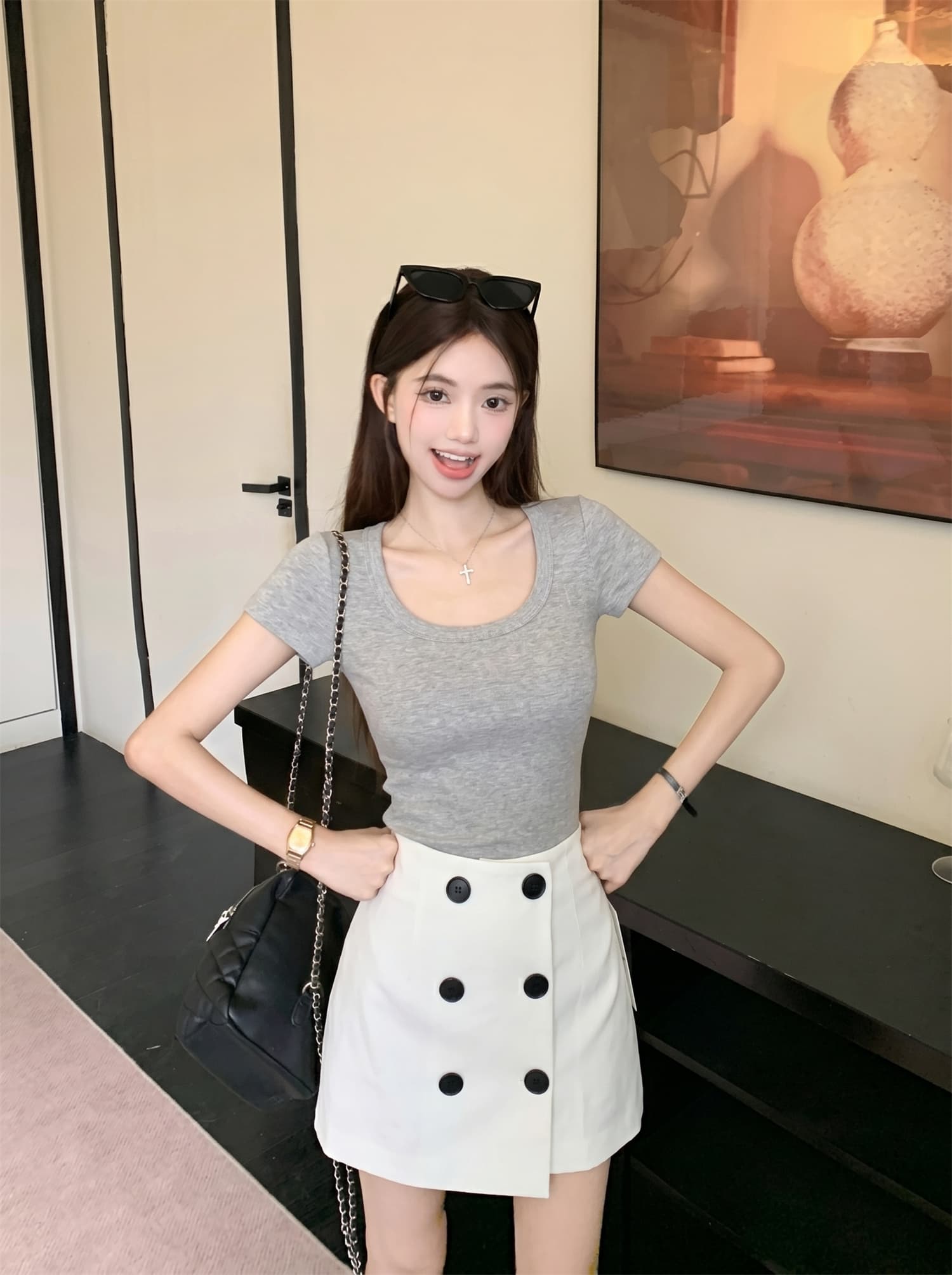 실사 정가 u 칼라 쇼트 스타일 반팔 티셔츠 아메리칸 이중 버튼 미니 스커트 세트 이미지 2