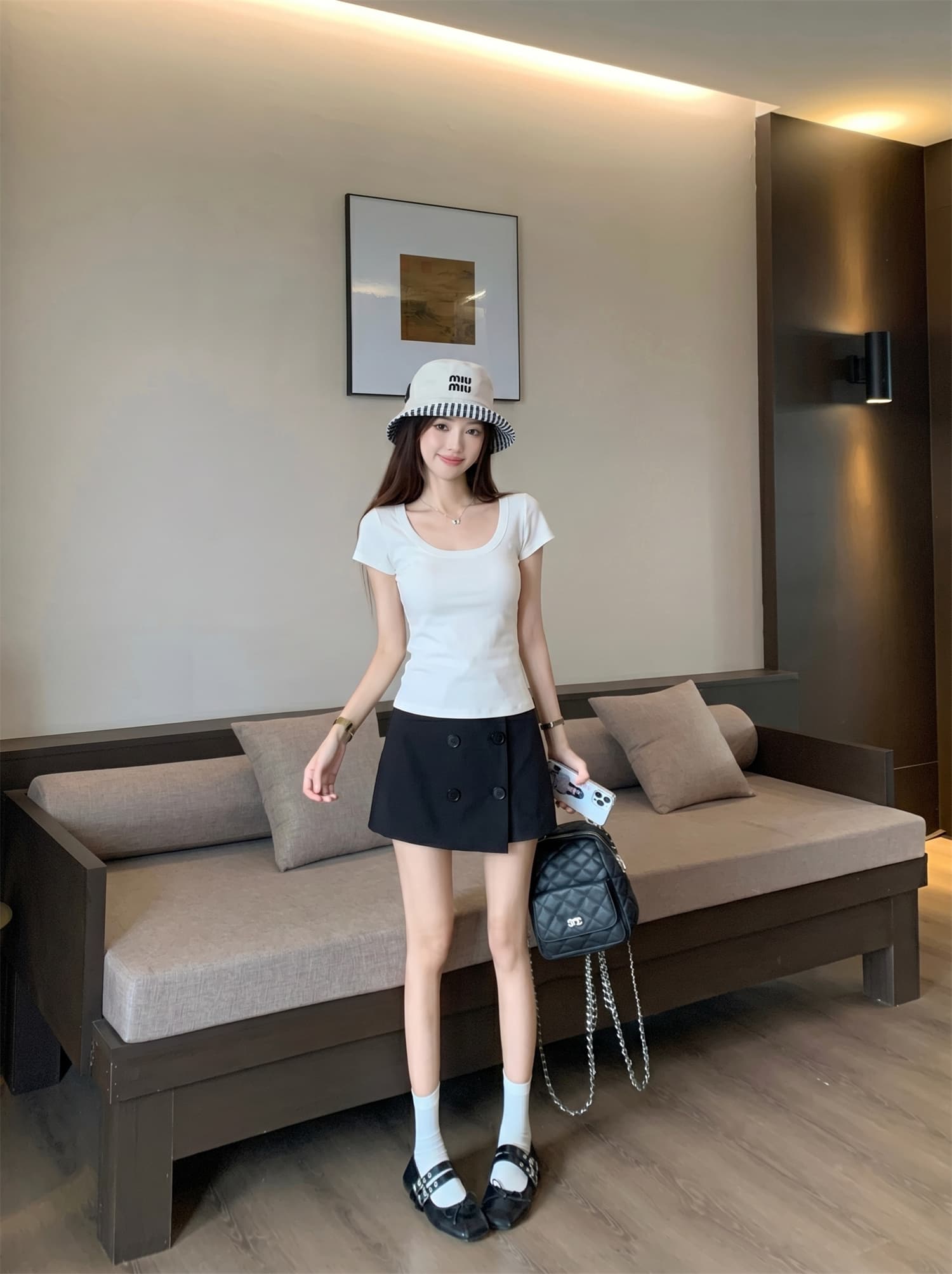 실사 정가 u 칼라 쇼트 스타일 반팔 티셔츠 아메리칸 이중 버튼 미니 스커트 세트 상세 이미지 10