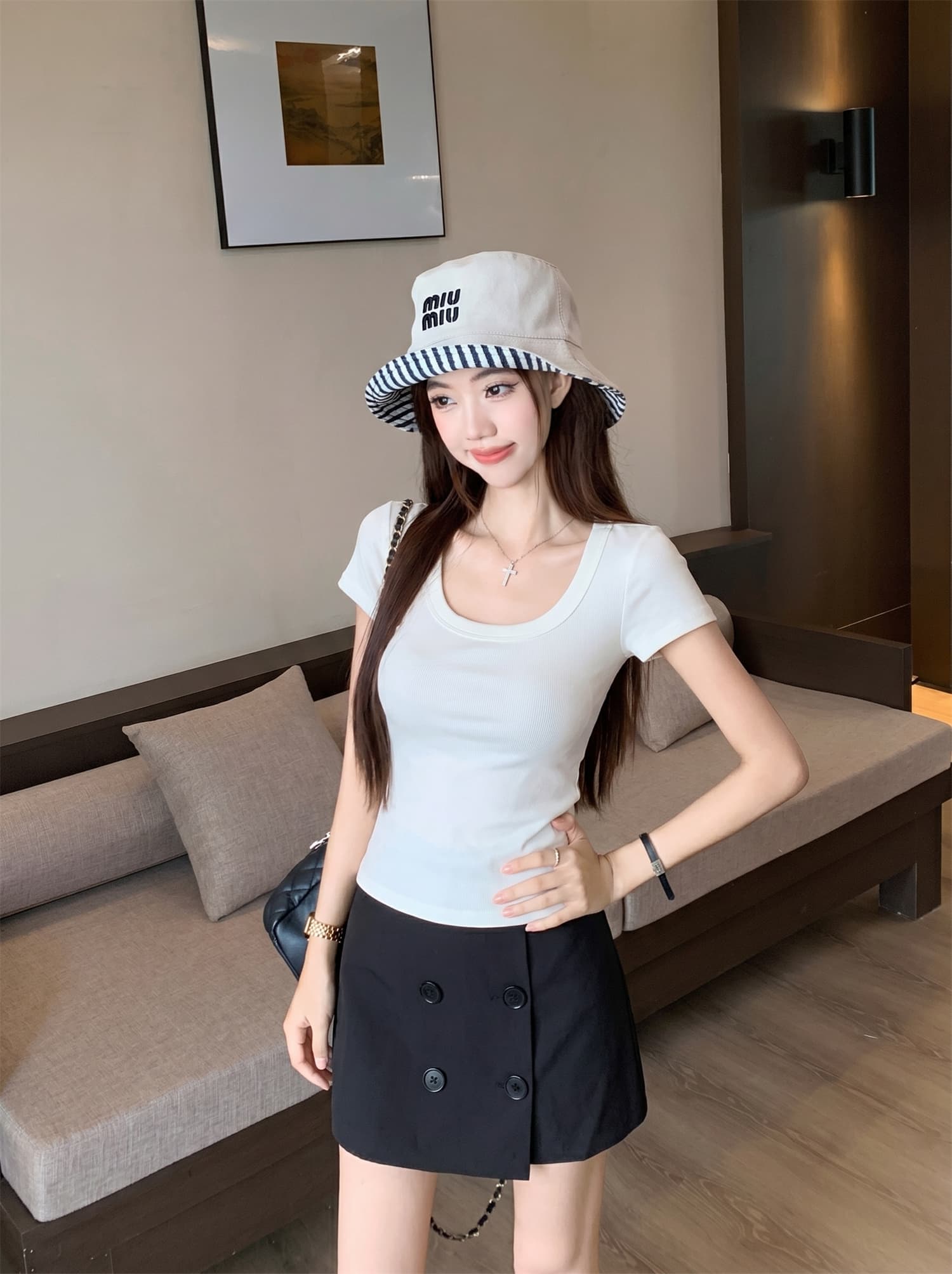 실사 정가 u 칼라 쇼트 스타일 반팔 티셔츠 아메리칸 이중 버튼 미니 스커트 세트 상세 이미지 12