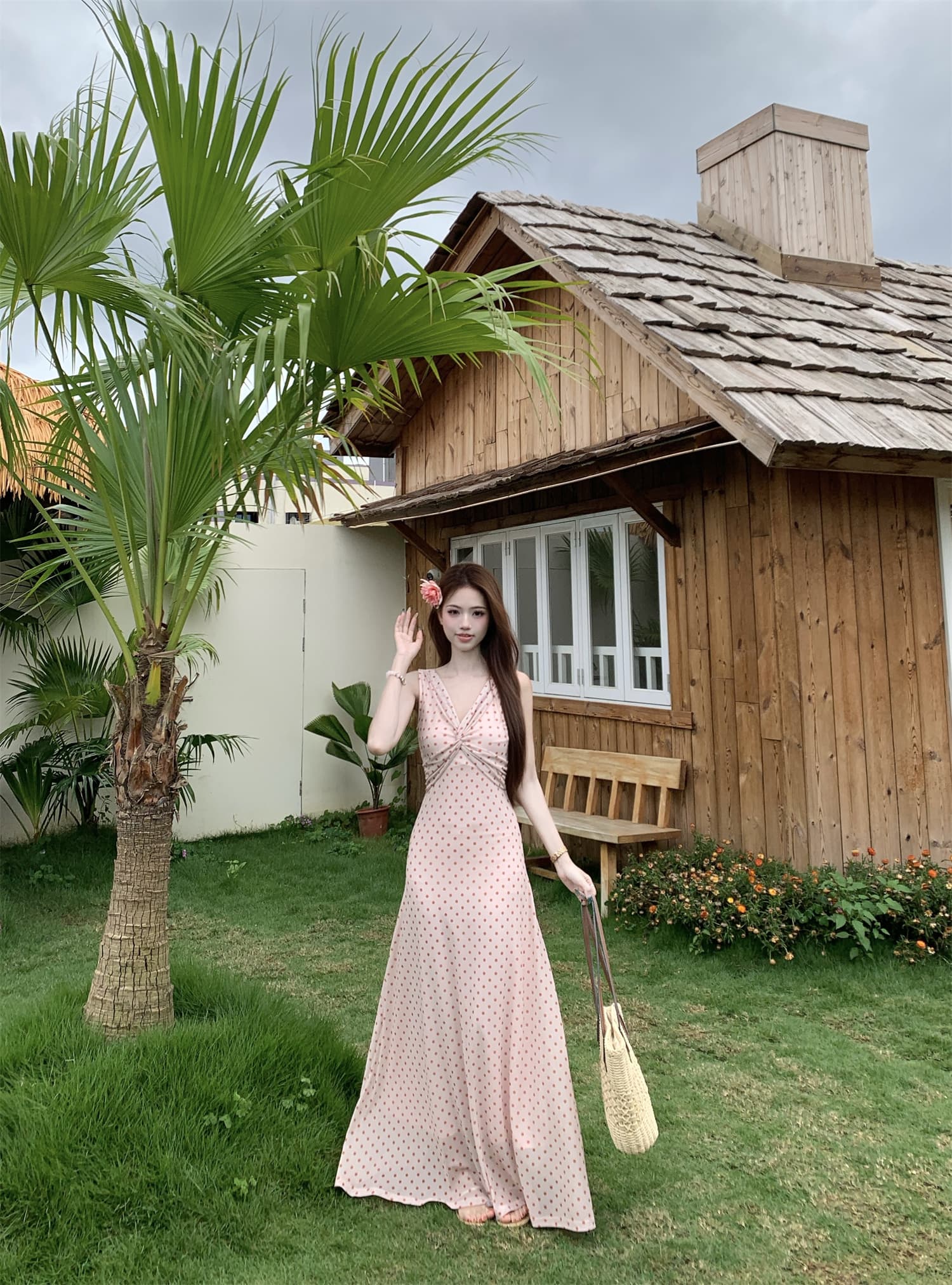 실사 정가 섬 휴가 바람 도트 무늬 V넥 여성 드레스 여름 아름다운 민소매 허리 수축 분위기 센스 치마 상세 이미지 10