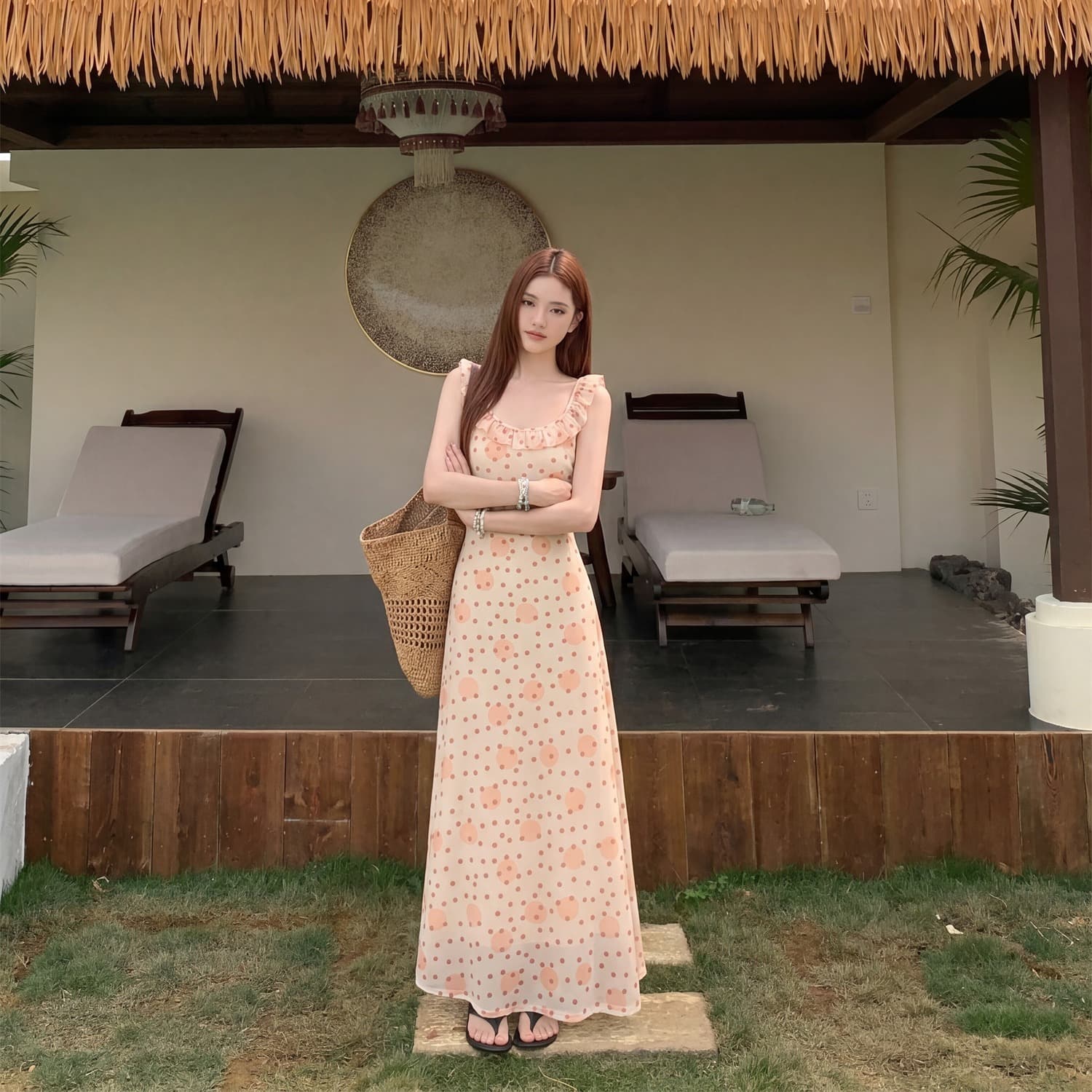 실사 정가 주황색 소다 도파민 비스듬한 자르다 프릴 슬립 여성 드레스 디자인 센스 작은 대중 치마 이미지 5
