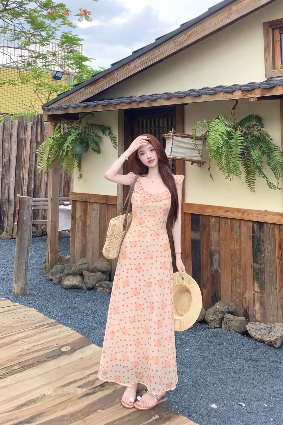 실사 정가 주황색 소다 도파민 비스듬한 자르다 프릴 슬립 여성 드레스 디자인 센스 작은 대중 치마 이미지 6