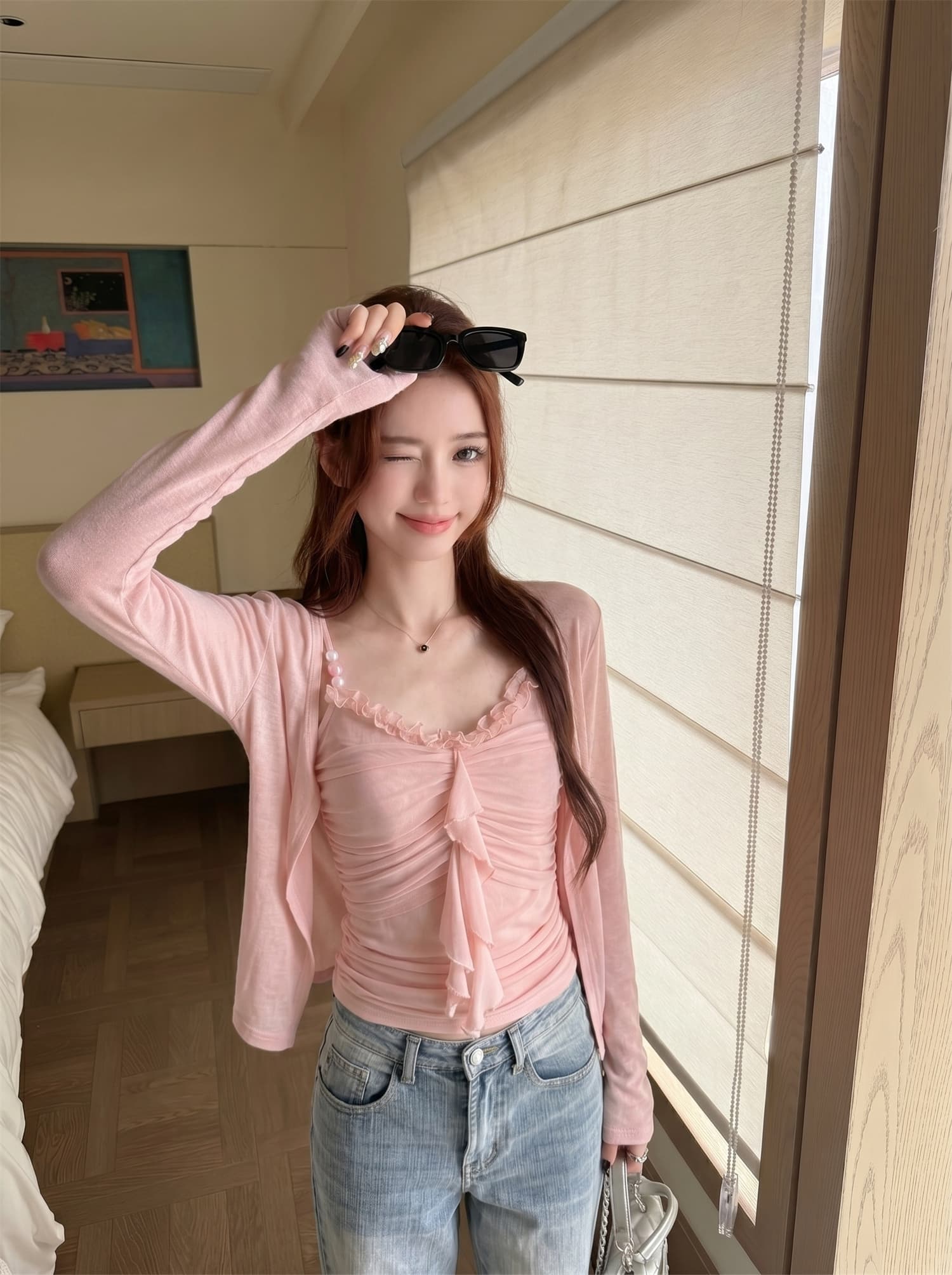 실사 정가 부드러운 바람 얇은 스타일 세트 자외선 차단 오픈 가디건 인사이드 가져 가라. 주름 캐미솔 여름 투피스 세트 상세 이미지 12