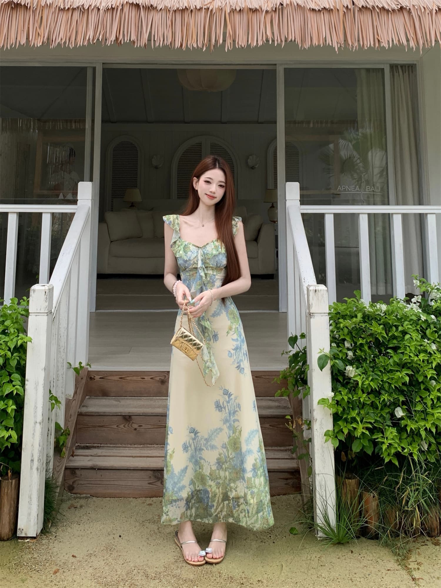 실사 정가 녹색 광장 칼라 여성 드레스 해변가 휴가 바람 프릴 롱 스커트