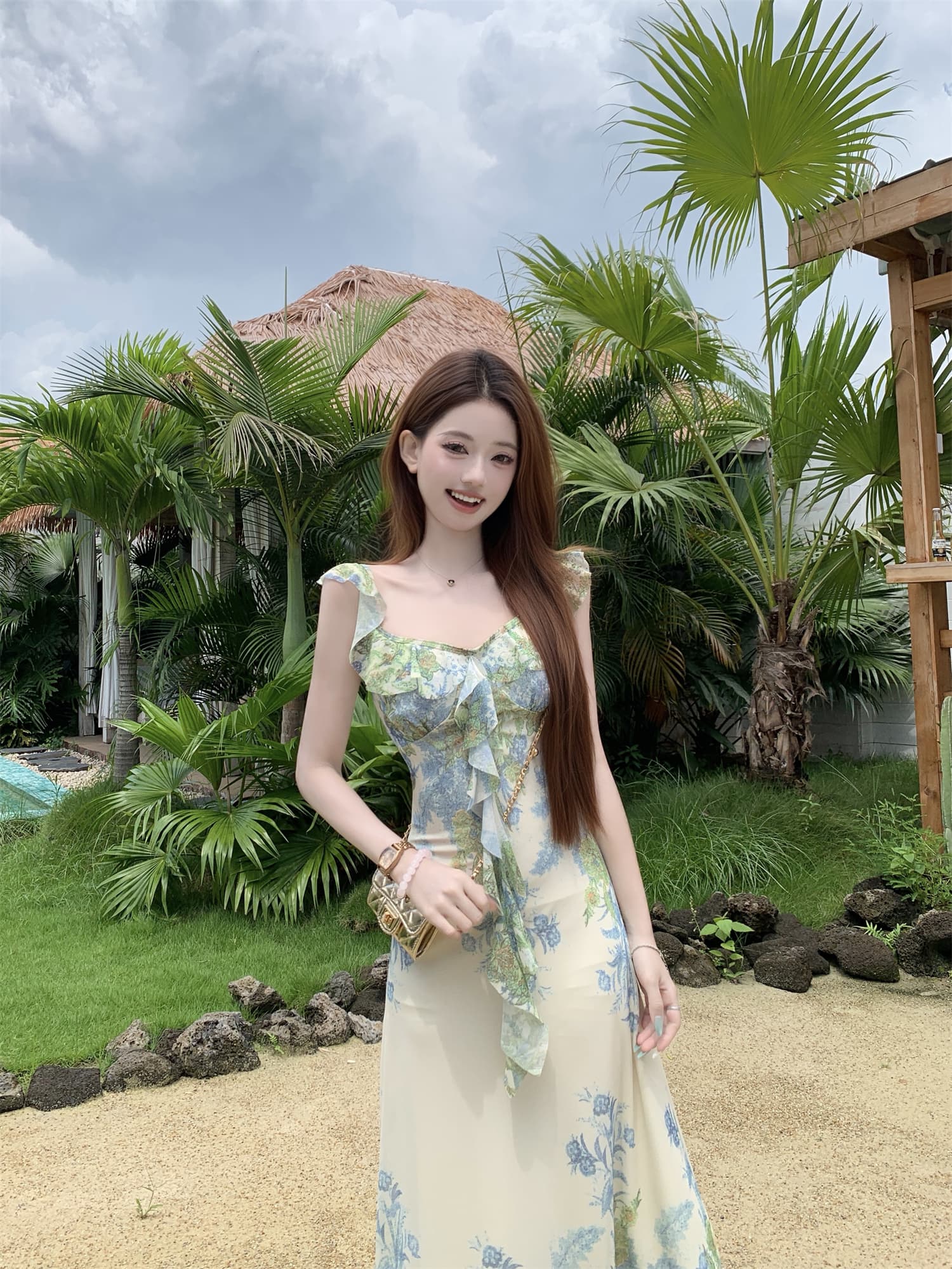 실사 정가 녹색 광장 칼라 여성 드레스 해변가 휴가 바람 프릴 롱 스커트 상세 이미지 16
