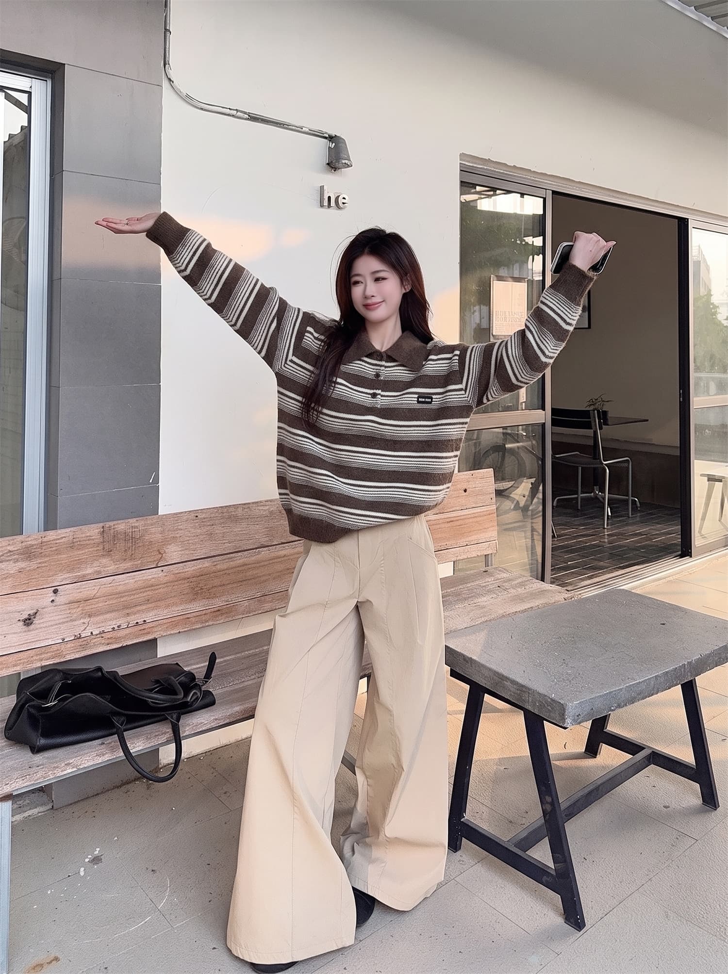 정가 이른 가을 폴로 칼라 스트라이프 레트로 아메리칸 품격 니트 스웨터 긴팔 스웨터 상세 이미지 3