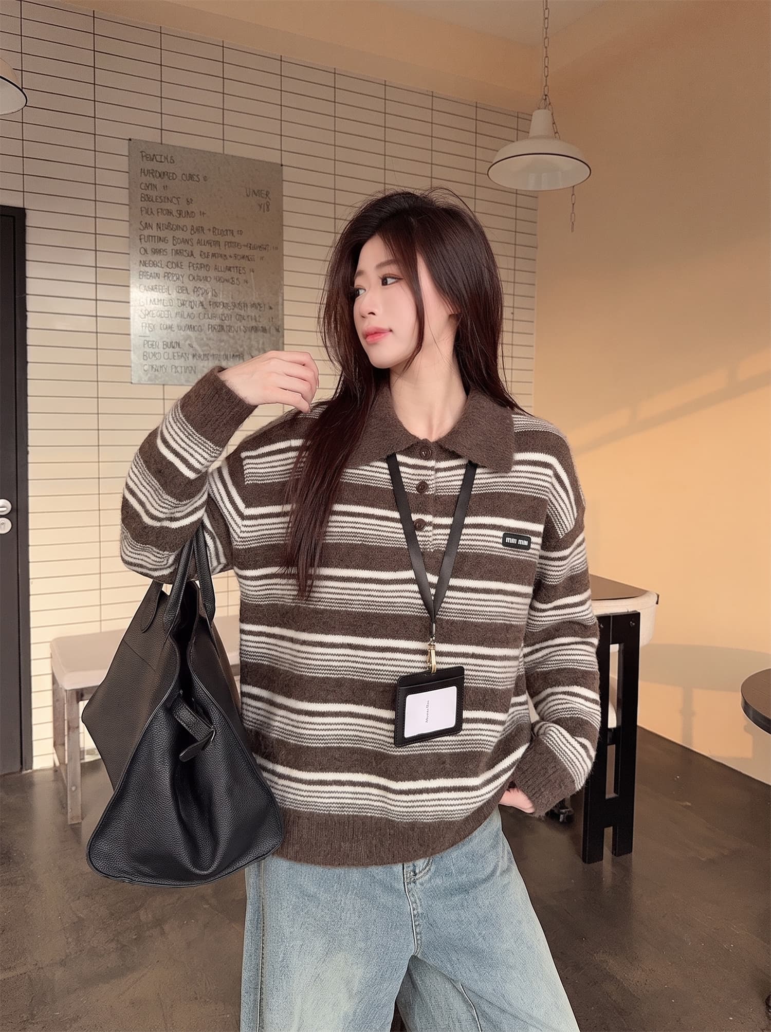 정가 이른 가을 폴로 칼라 스트라이프 레트로 아메리칸 품격 니트 스웨터 긴팔 스웨터 상세 이미지 9