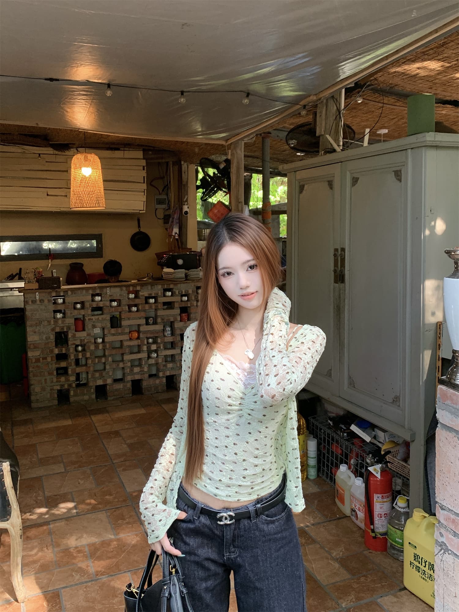 실사 정가 한 부서 핫걸 도트 무늬 프린트 오픈 가디건 레이스 슬립 몸매 가꾸기 슬림해 보이는 투피스 세트 이미지 3