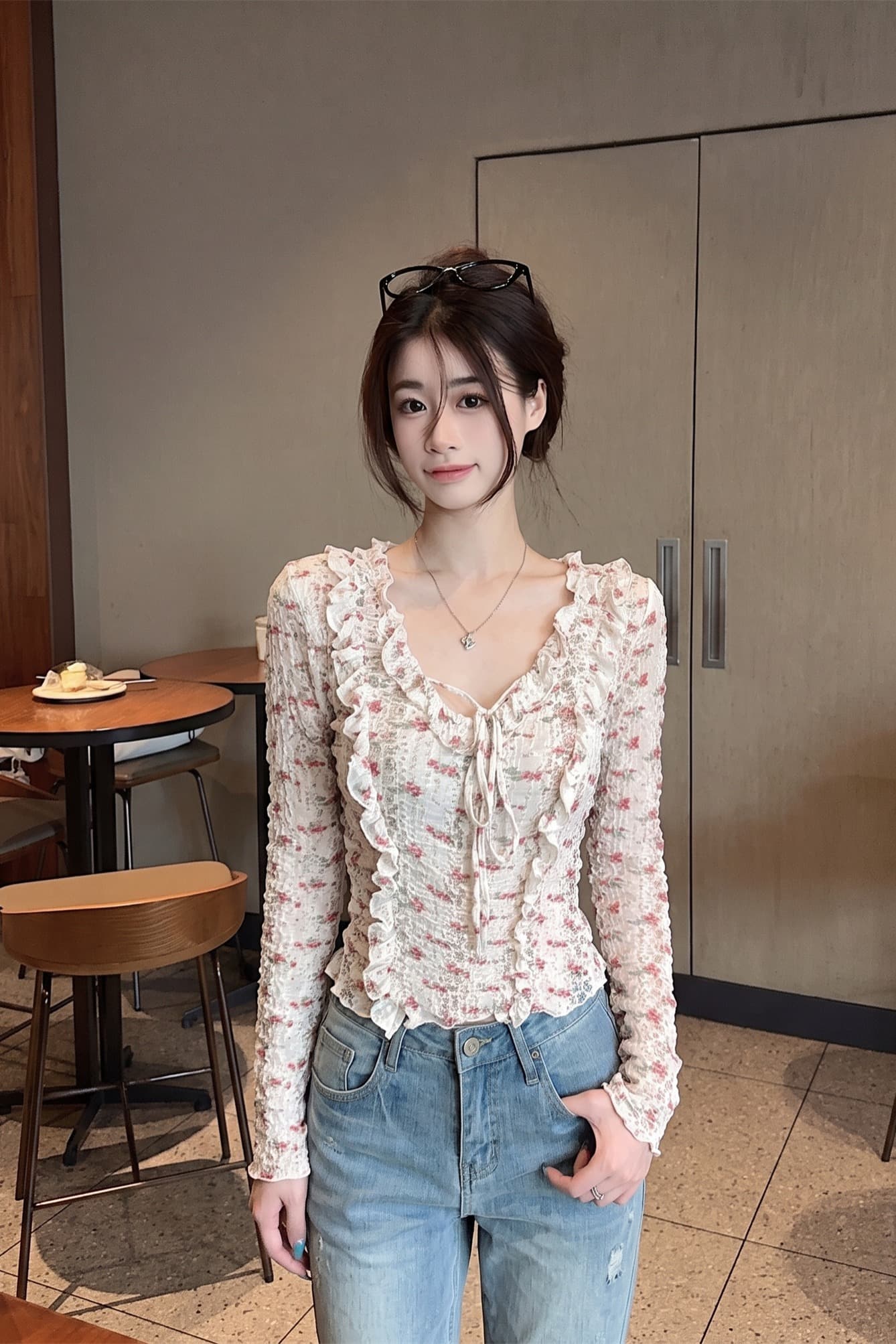 정가 이른 가을 연꽃 잎 레이스 패치워크 홀로우 아웃 작은 셔츠 자외선 차단 허리 수축 맨위 이미지 6